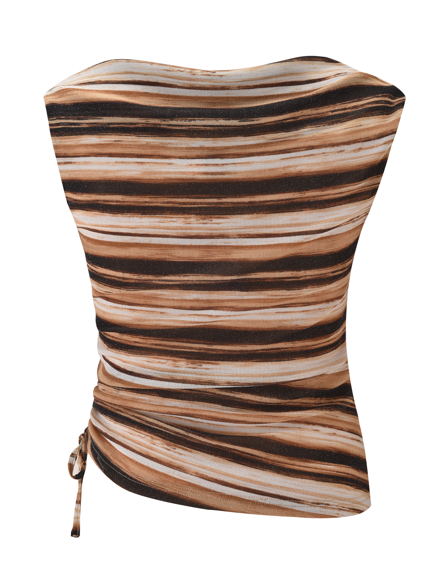 The BRAELYN TOP by TIGERMIST features horizontal brown, black, and white lurex stripes, a fitted ruched design, and an asymmetrical hem with a side tie.