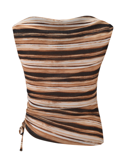 The BRAELYN TOP by TIGERMIST features horizontal brown, black, and white lurex stripes, a fitted ruched design, and an asymmetrical hem with a side tie.