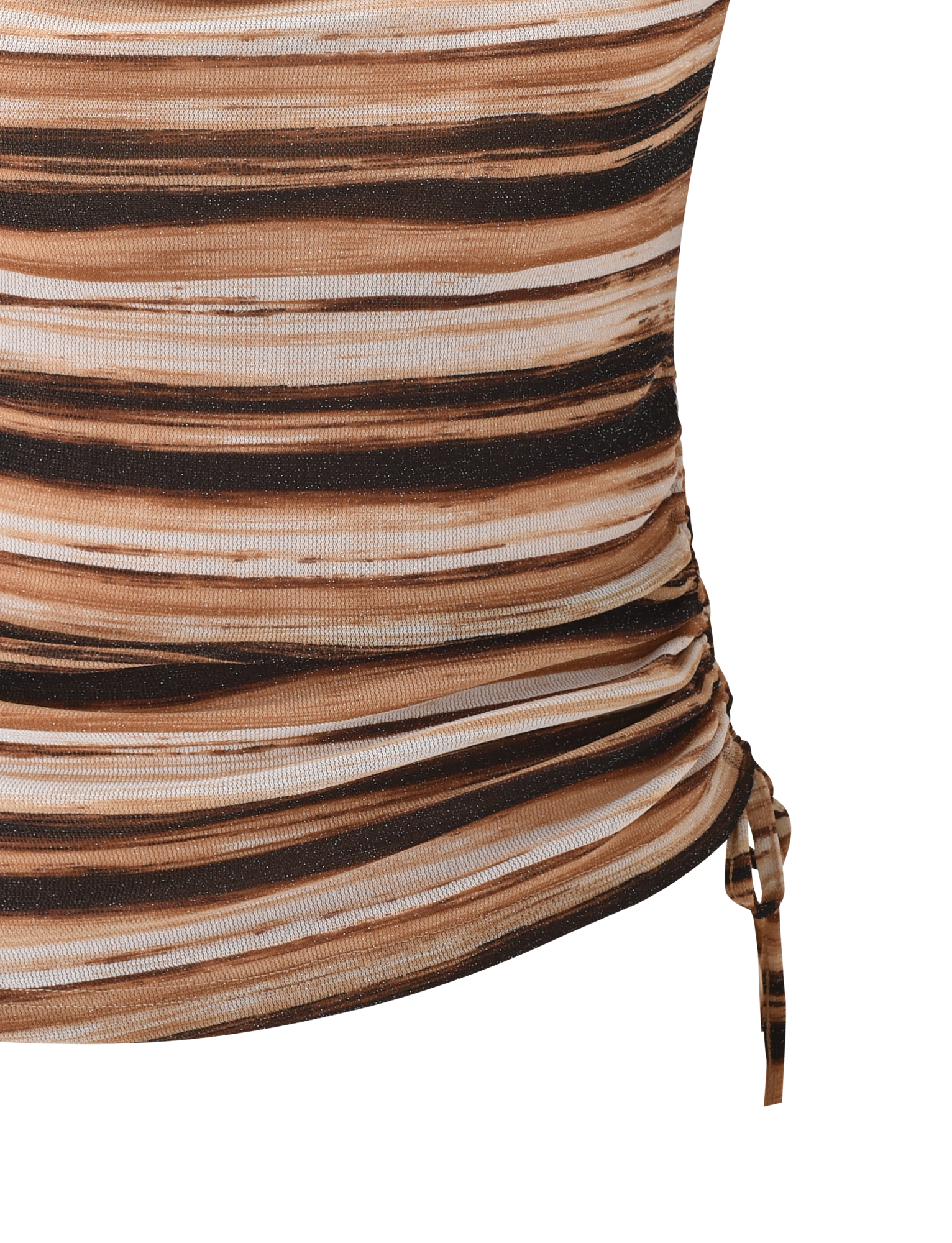 Close-up of the BRAELYN TOP by TIGERMIST, featuring ruched, textured lurex fabric with horizontal brown, black, and beige stripes and a side tie detail.