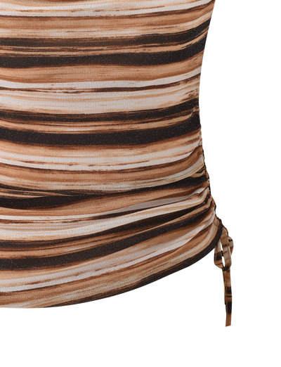 Close-up of the BRAELYN TOP by TIGERMIST, featuring ruched, textured lurex fabric with horizontal brown, black, and beige stripes and a side tie detail.