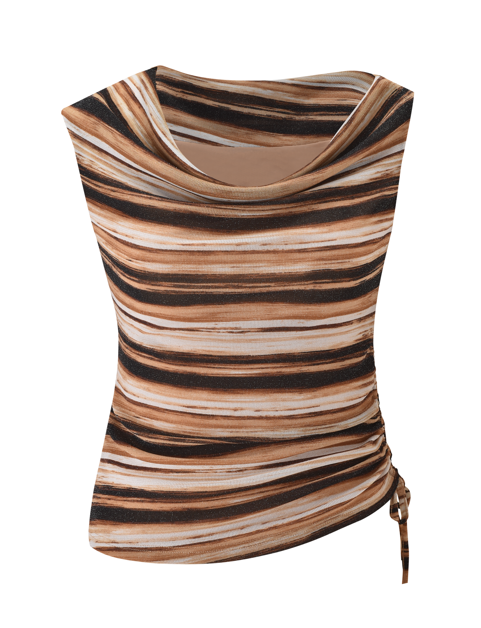 The BRAELYN TOP - BROWN STRIPE by TIGERMIST is a sleeveless lurex top with a draped cowl neckline, horizontal brown, beige, black, and white stripes, side ruching, and a small tie detail at the hem.