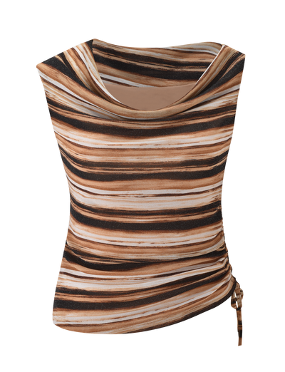 The BRAELYN TOP - BROWN STRIPE by TIGERMIST is a sleeveless lurex top with a draped cowl neckline, horizontal brown, beige, black, and white stripes, side ruching, and a small tie detail at the hem.