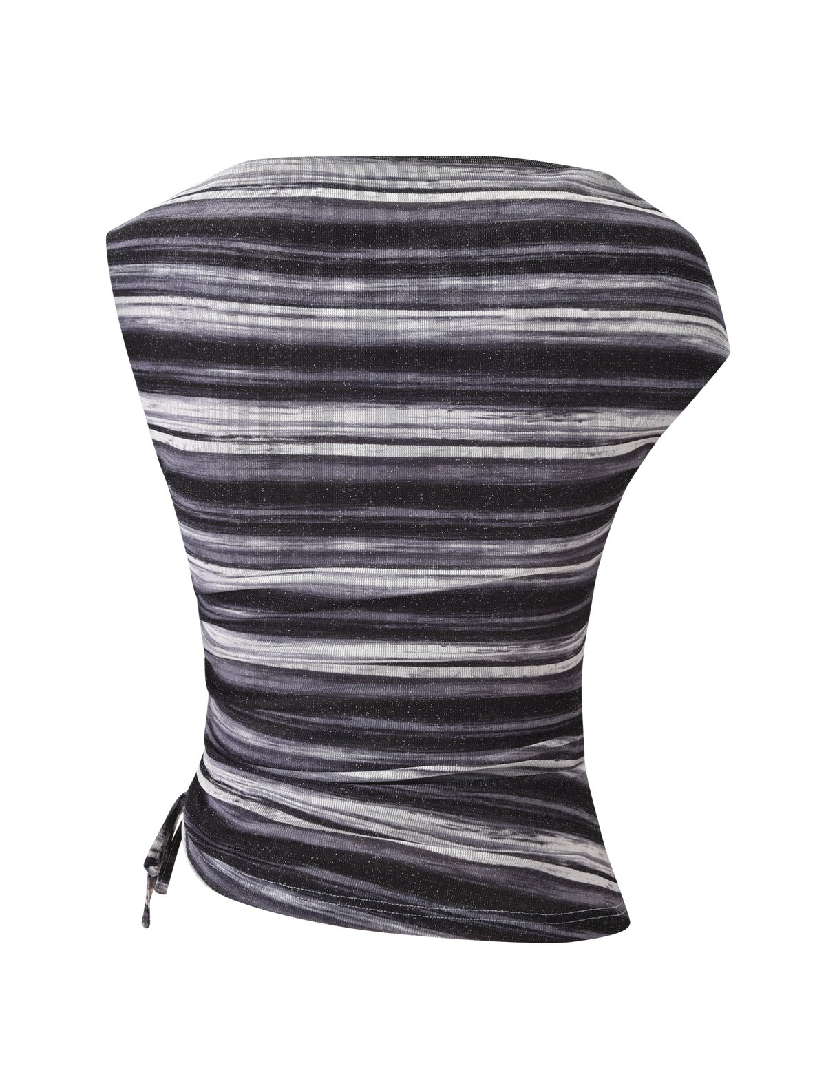 The BRAELYN TOP - GREY STRIPE by TIGERMIST is a sleeveless, asymmetrical off-shoulder top in black with white stripes and one-side gathering, shown against a plain white background.