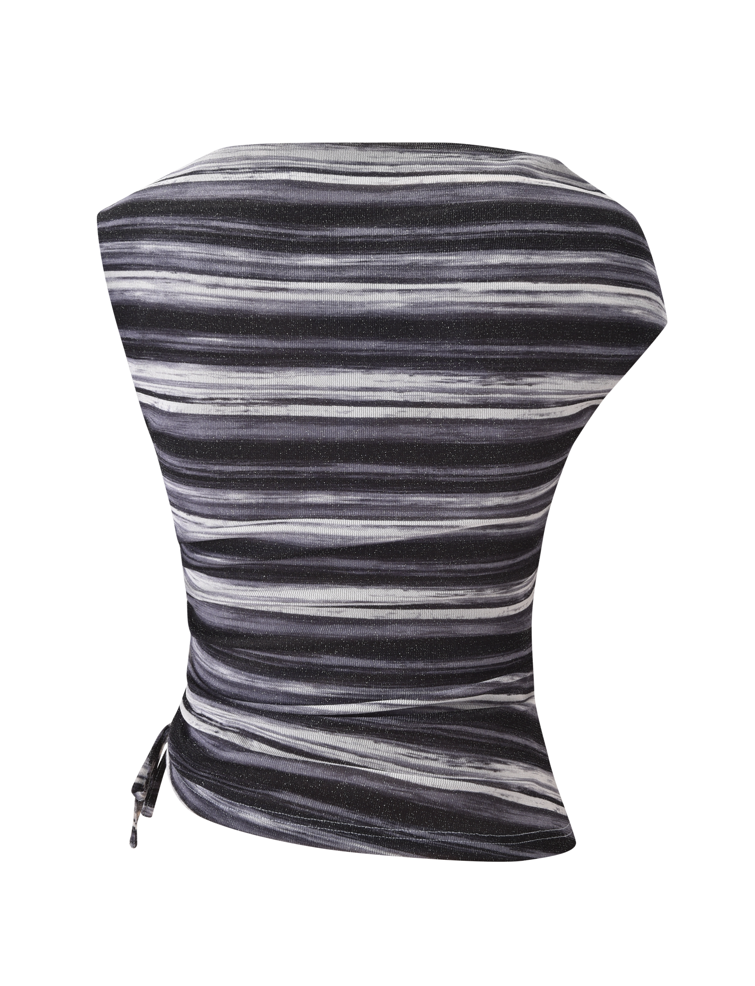 The BRAELYN TOP - GREY STRIPE by TIGERMIST is a sleeveless, asymmetrical off-shoulder top in black with white stripes and one-side gathering, shown against a plain white background.