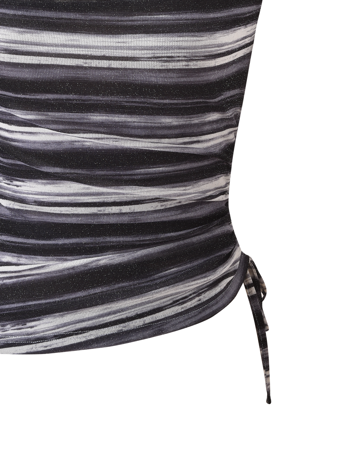 Close-up of the TIGERMIST BRAELYN TOP in grey stripe, featuring black and white lurex stripes, ruched fabric, and a drawstring tie detail, displayed against a plain white background.