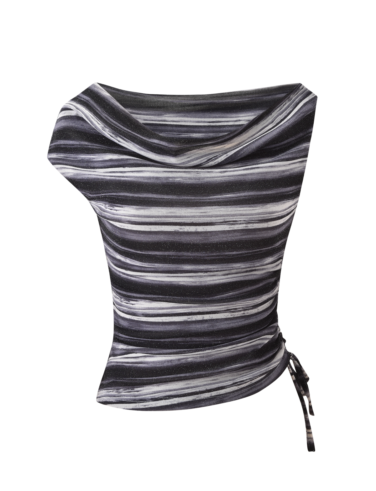 The BRAELYN TOP - GREY STRIPE by TIGERMIST is a sleeveless lurex top with black, white, and grey stripes, a draped cowl neckline, and a chic side tie detail at the bottom right.