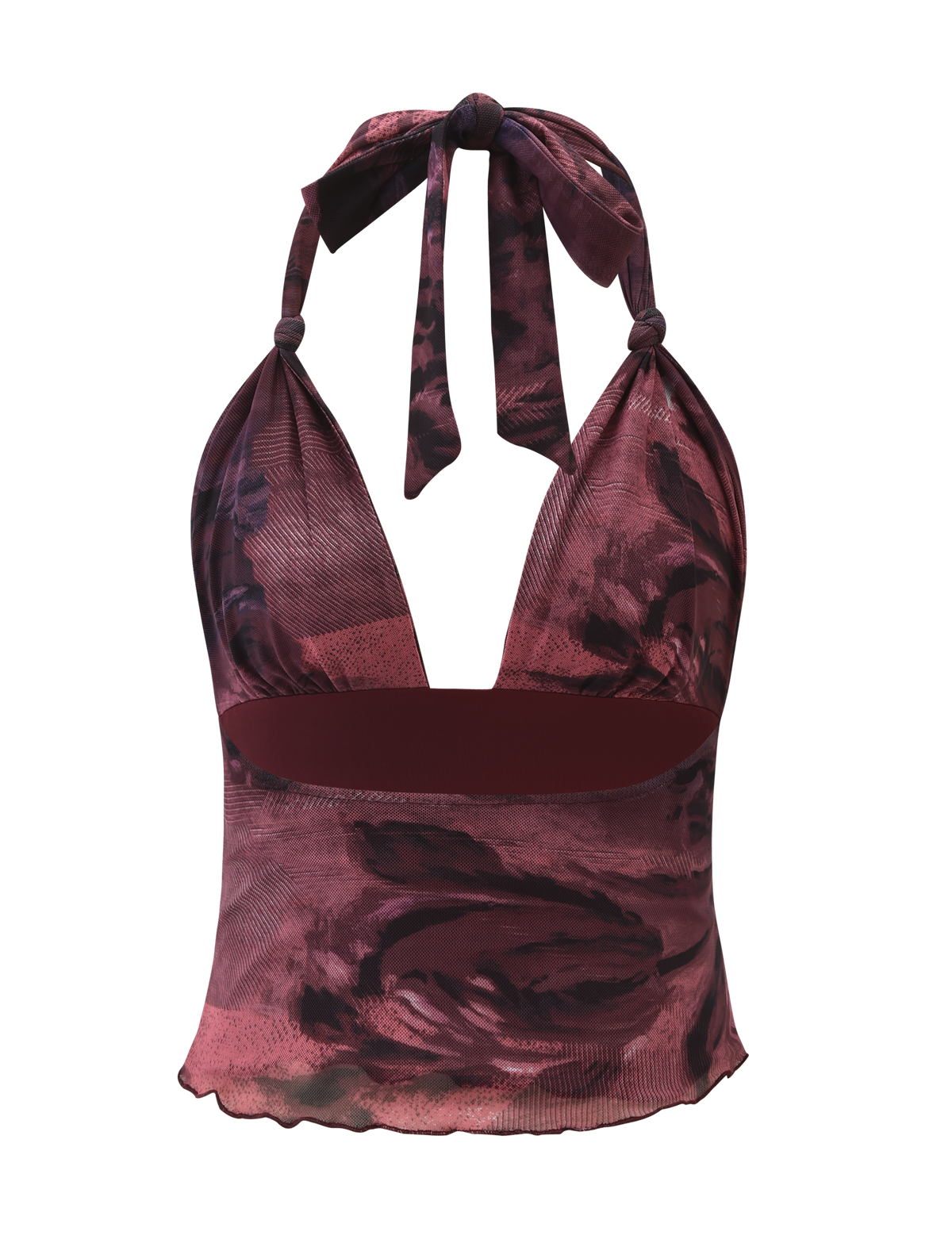 The TIGERMIST FRIEDA TOP - BURGANDY ROMANTICA is a sleeveless halter with a deep V-neck and neck tie, showcasing a maroon and black abstract floral print.