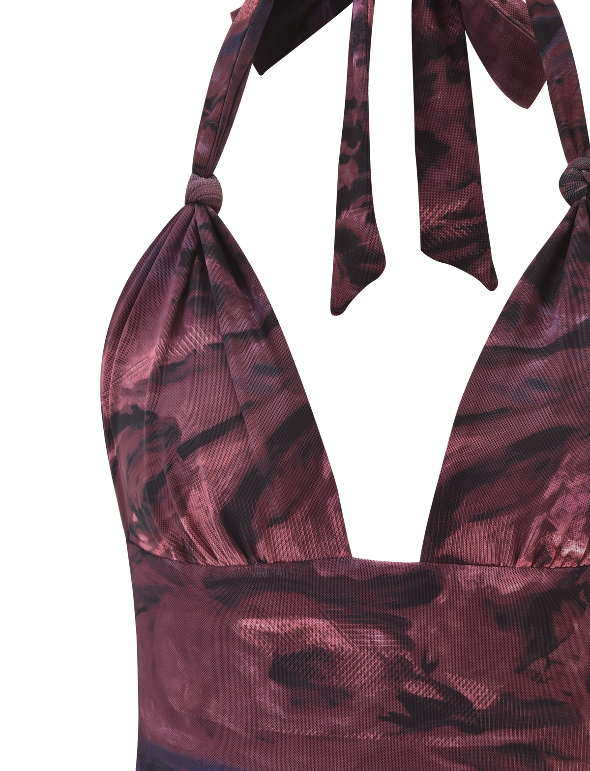 Close-up of the TIGERMIST FRIEDA TOP - BURGANDY ROMANTICA, a maroon and black halter bikini top with a neck tie and subtle abstract pattern.