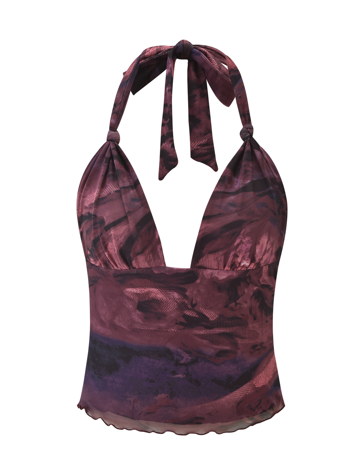 The FRIEDA TOP - BURGANDY ROMANTICA by TIGERMIST is a sleeveless halter top with a deep V-neck and neck tie, featuring an abstract painterly burgundy, purple, and black pattern.