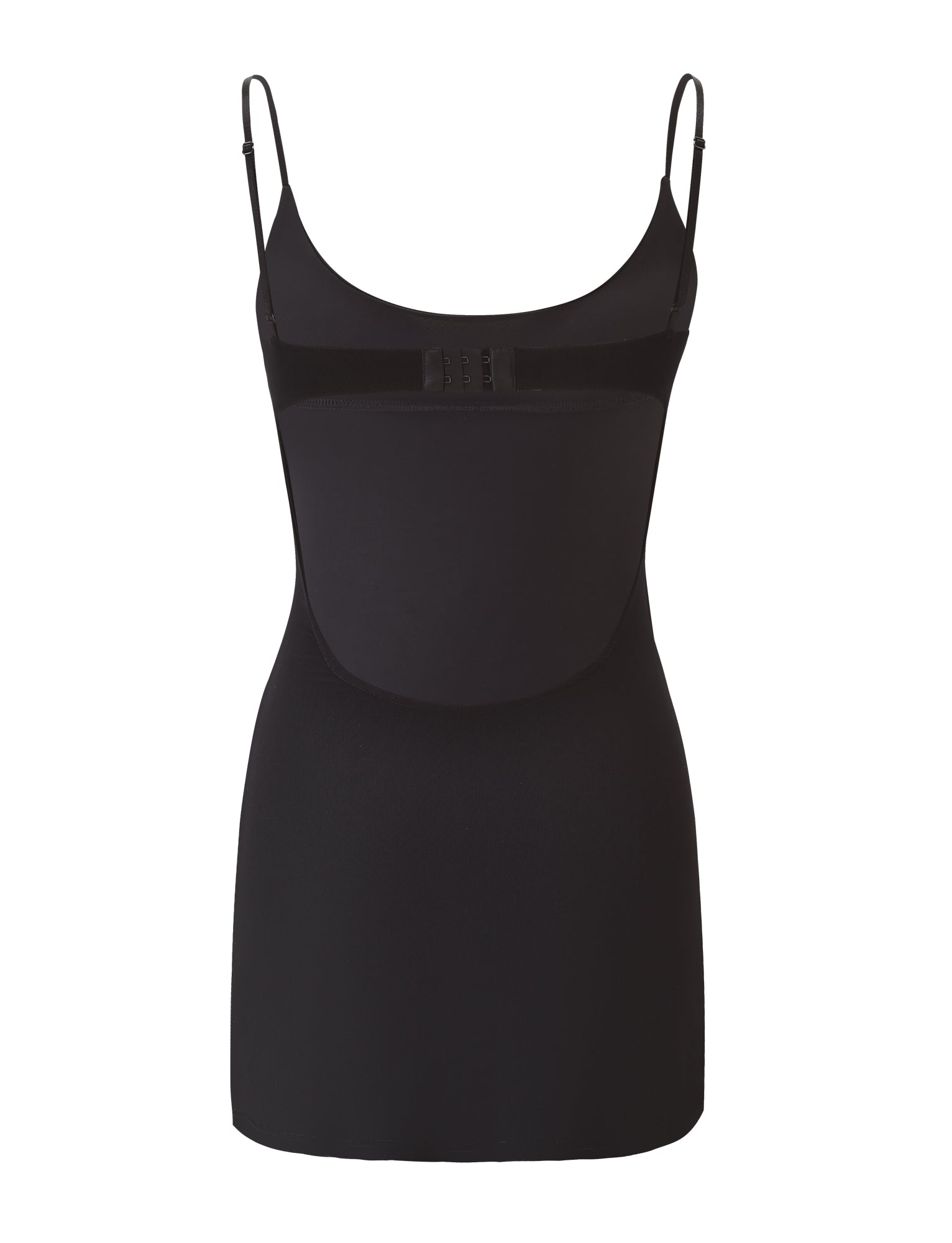 The OCTAVIA MINI DRESS - BLACK by TIGERMIST is a shapewear slip with adjustable spaghetti straps and a supportive midsection panel, designed for a smooth, contoured fit.