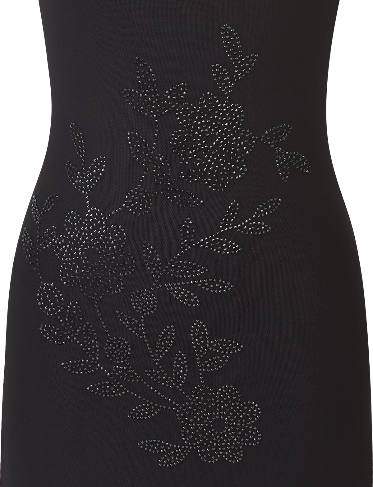 Close-up of the TIGERMIST OCTAVIA MINI DRESS in black, a mini dress with adjustable spaghetti straps and dotted floral embellishments—two large studded flowers with leafy branches.
