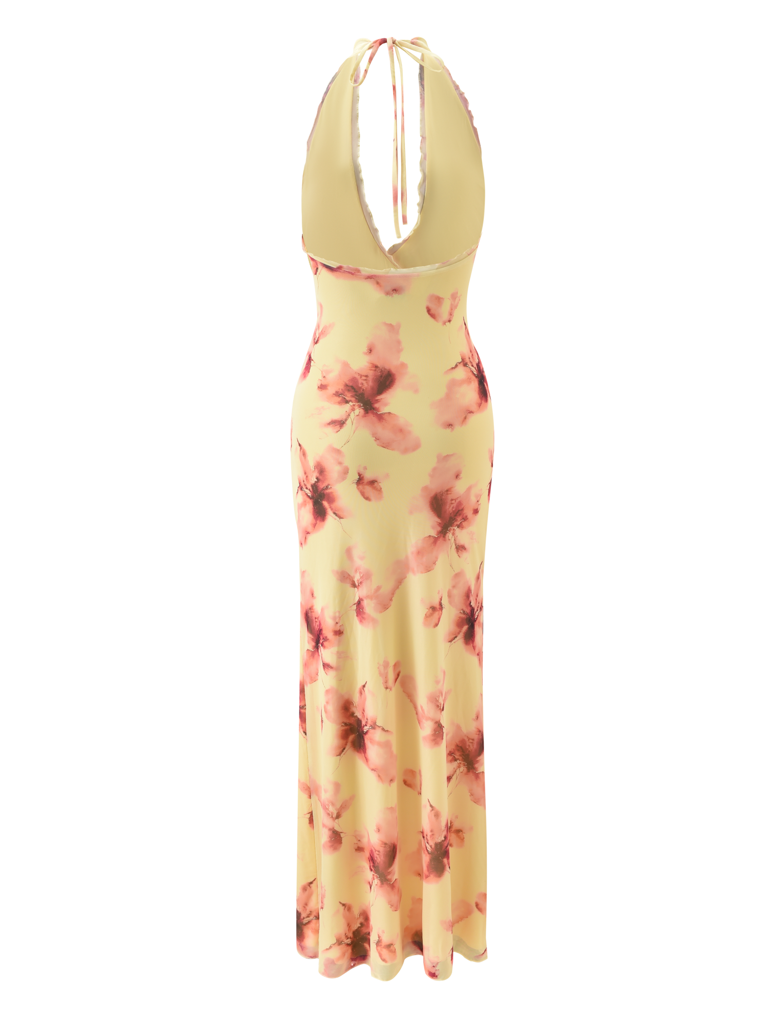 The ALLEGRA MAXI DRESS by TIGERMIST features a sleeveless, plunging halter design in yellow watercolour floral, with a low back and high leg split.
