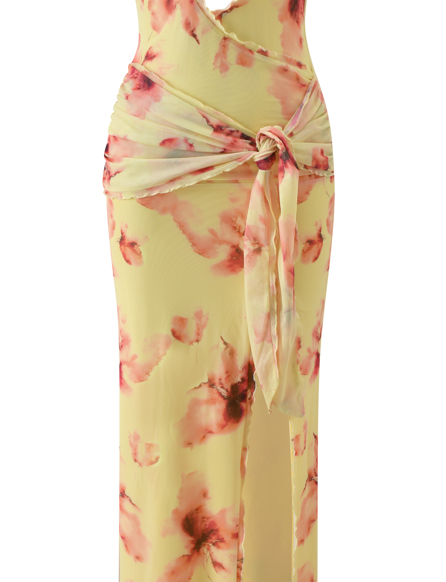 The ALLEGRA MAXI DRESS by TIGERMIST features a yellow watercolour floral print, plunging halter neckline, front waist tie, and high leg split.