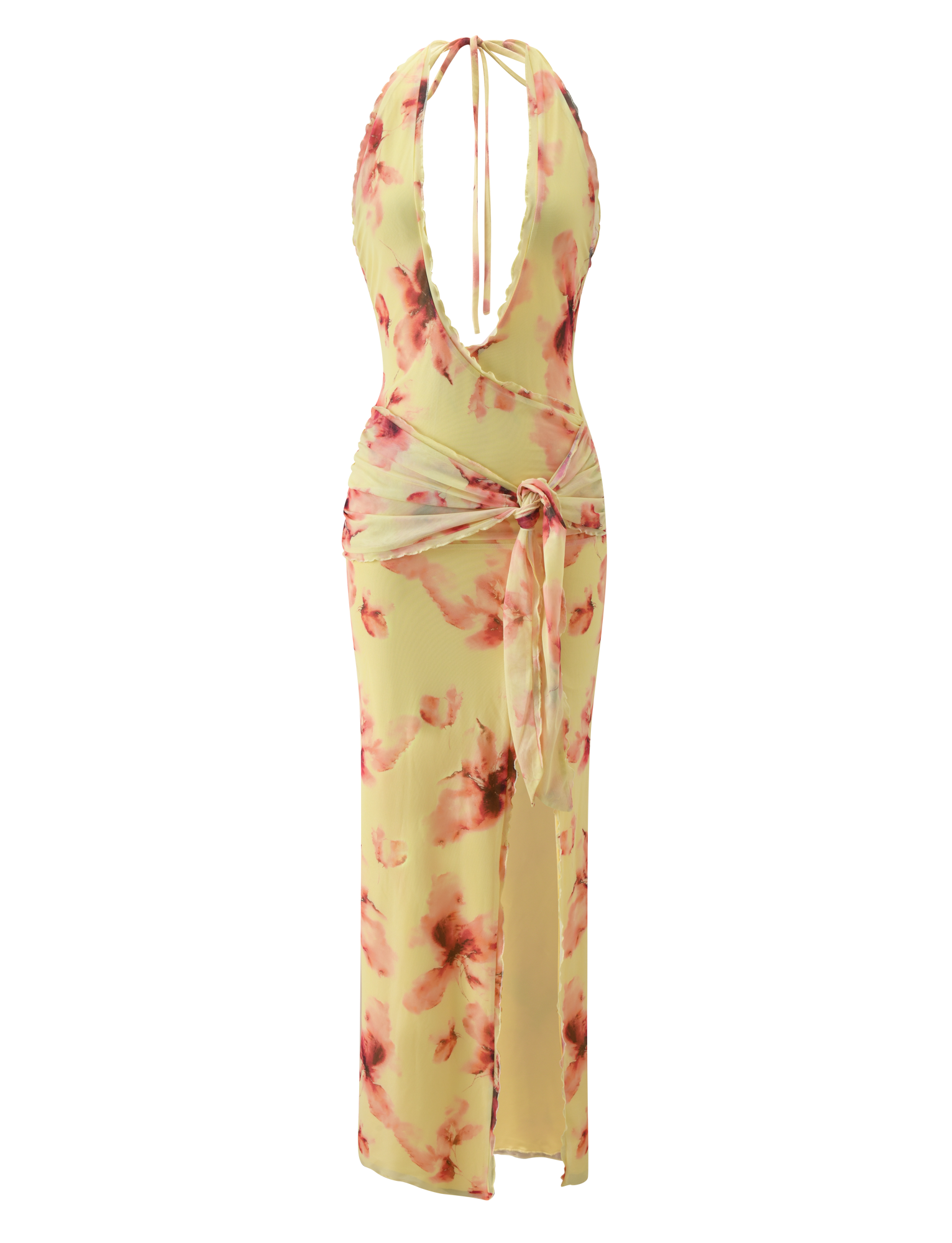 The ALLEGRA MAXI DRESS by TIGERMIST features a yellow watercolour floral print, sleeveless plunging halter neckline, ruched sides, sash waist, and a high leg split for allure.