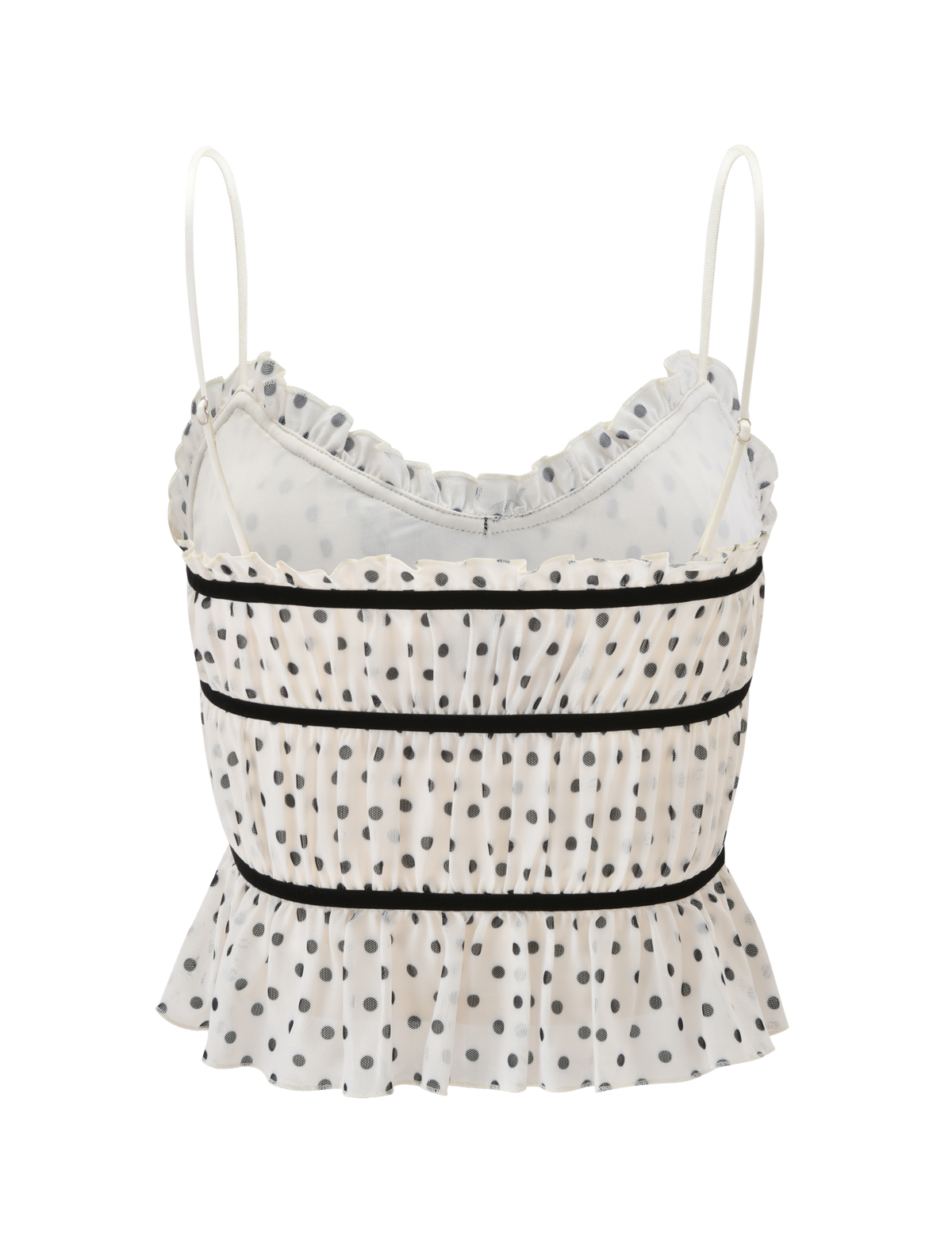 The LIORA TOP - POLKA DOT by TIGERMIST is a playful cropped cami with white polka dots, thin spaghetti straps, ruffled trim on the neckline and hem, and horizontal black bands across the front.