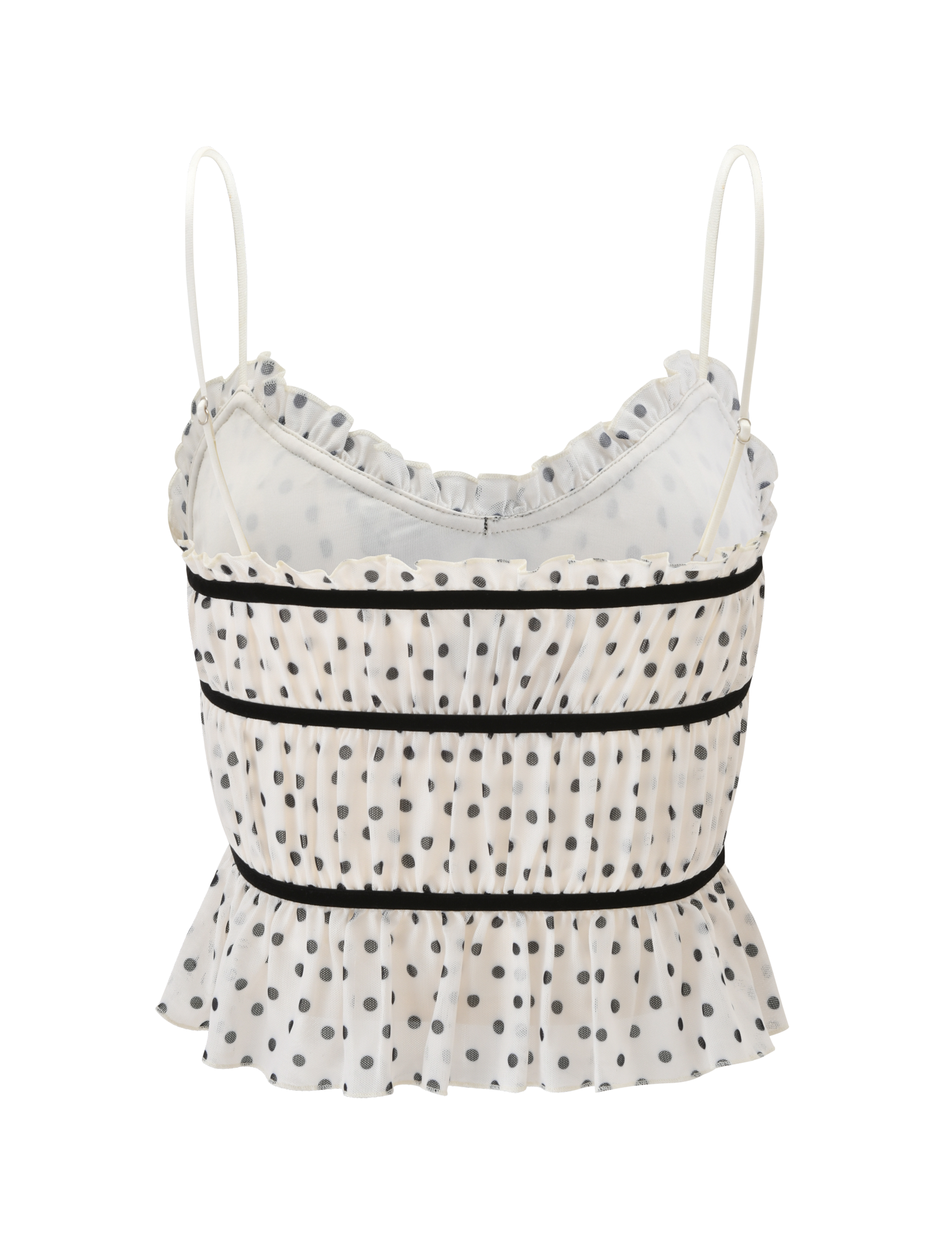 The LIORA TOP - POLKA DOT by TIGERMIST is a playful cropped cami with white polka dots, thin spaghetti straps, ruffled trim on the neckline and hem, and horizontal black bands across the front.