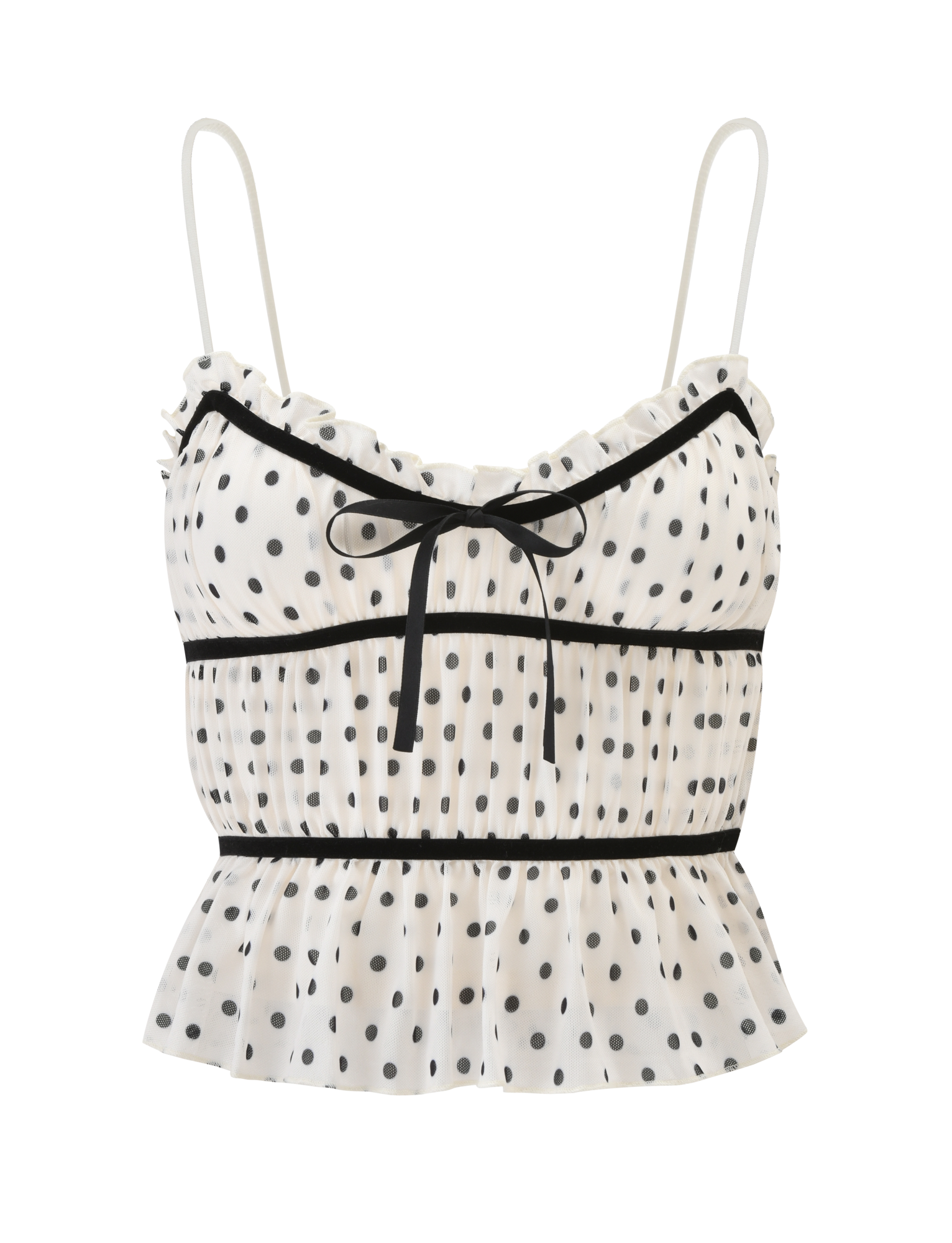 The LIORA TOP - POLKA DOT by TIGERMIST features white polka dots, black trim, adjustable straps, a front bow, ruffled neckline, and peplum hem—bringing playful charm to your summer look.