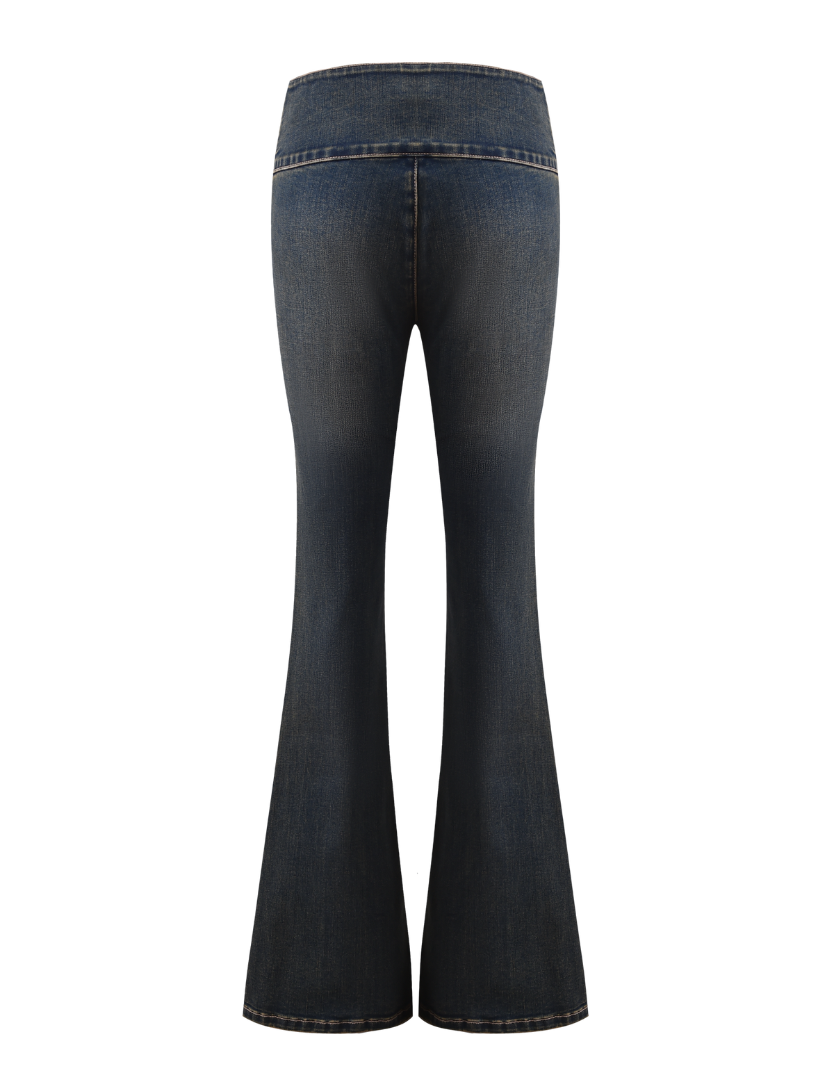 The RIONA JEAN - MIDWASH by TIGERMIST features a high-waisted, flared leg in dark blue midwash denim with visible fading and brown stitching, shown from the back against a white background.