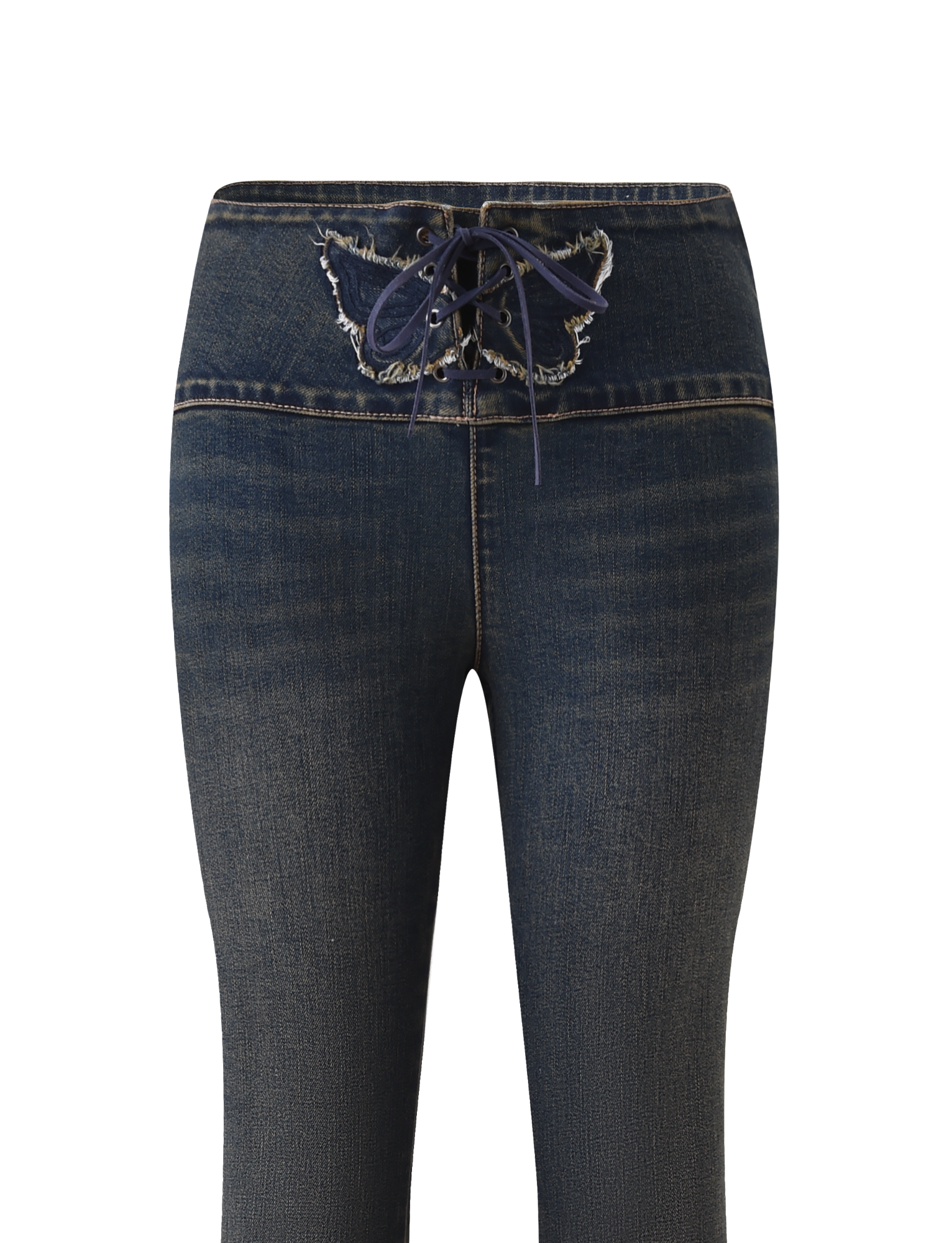 The TIGERMIST RIONA JEAN - MIDWASH features a frayed waistband, lace-up front, and low rise waist. Shown from waist to upper thighs against a plain white background.