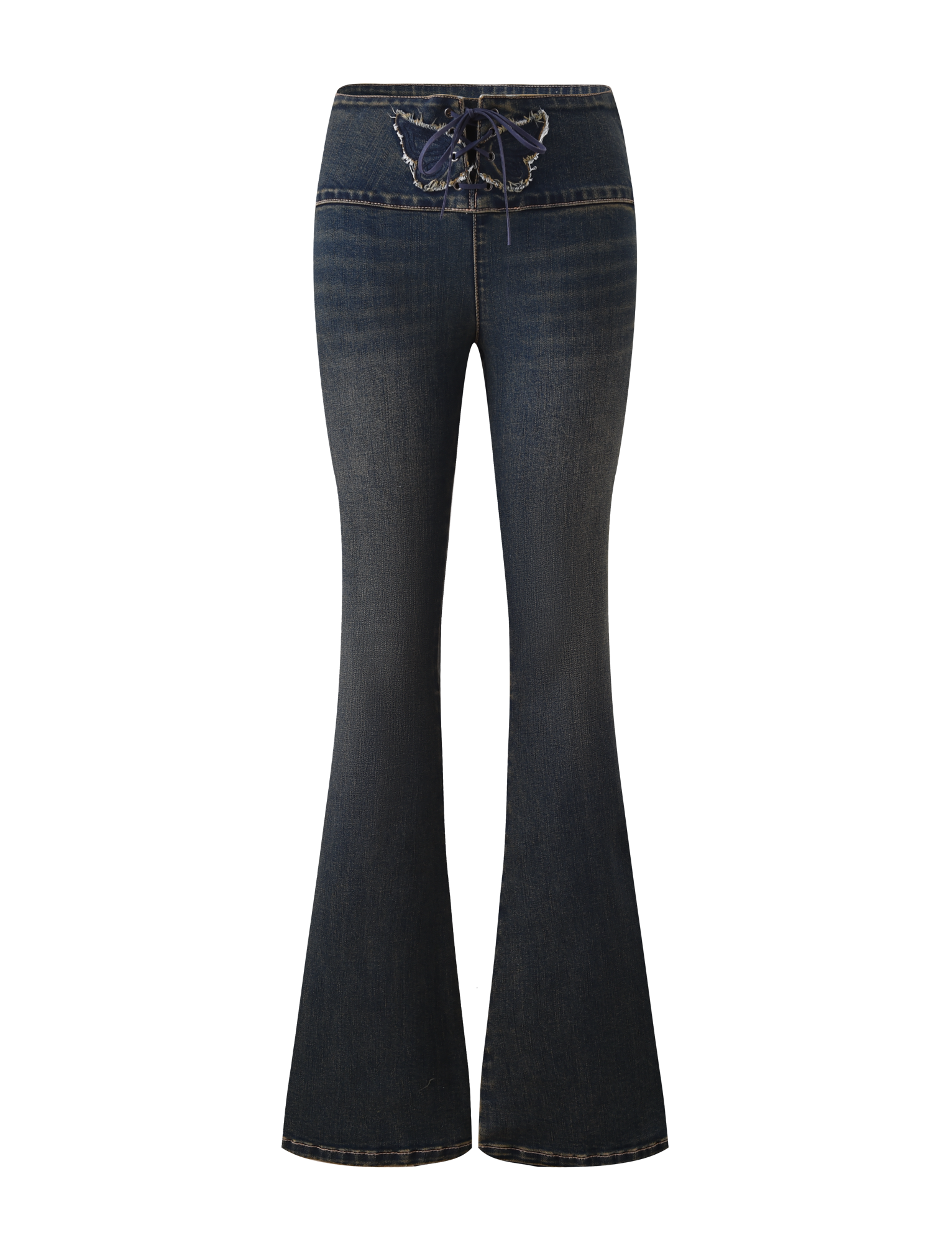 The TIGERMIST RIONA JEAN - MIDWASH features a dark blue flared leg, lace-up front detail, embroidered butterfly at the waistband, and a low rise waist, shown against a white background.