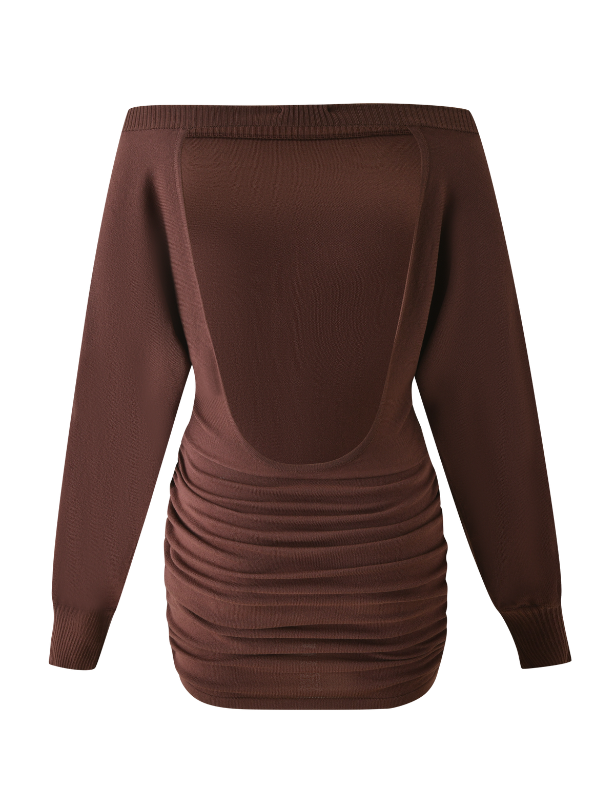 The TIGERMIST JANINE MINI DRESS in chocolate features an off-shoulder design, wide open back, ruched skirt detailing, and a flattering ruched waist, shown against a plain white background.