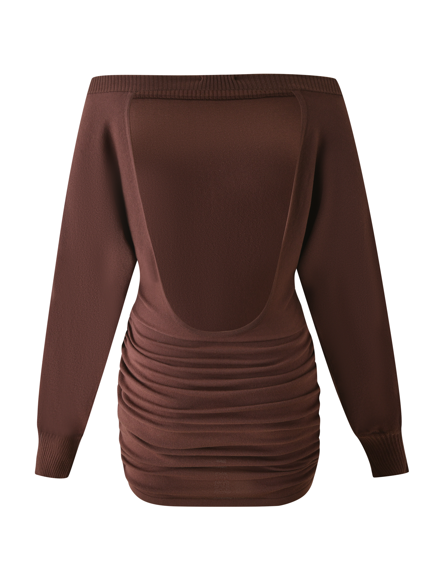 The TIGERMIST JANINE MINI DRESS in chocolate features an off-shoulder design, wide open back, ruched skirt detailing, and a flattering ruched waist, shown against a plain white background.