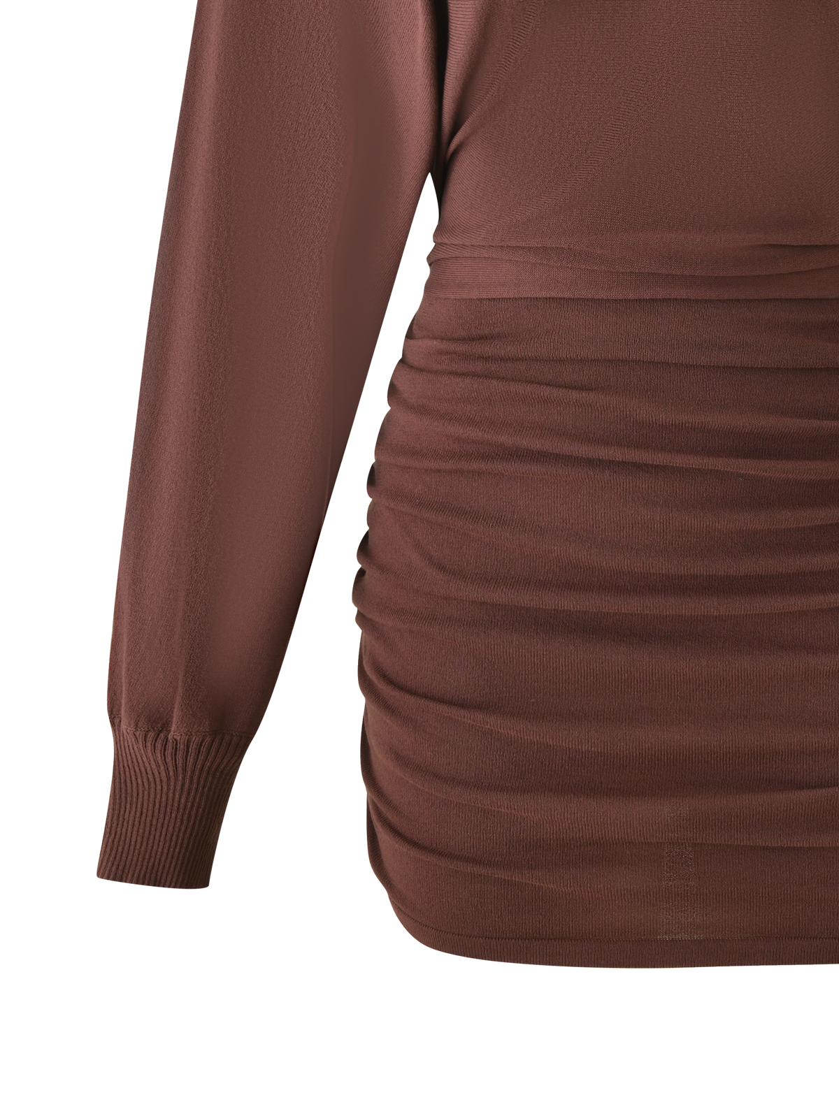 Close-up of the TIGERMIST JANINE MINI DRESS in chocolate, a brown bodycon knit dress with ruched side and bottom details and ribbed sleeve cuffs, set against a plain white background.