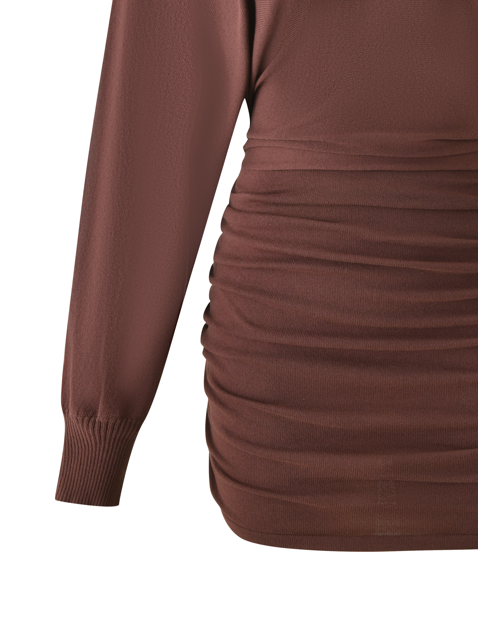 Close-up of the TIGERMIST JANINE MINI DRESS in chocolate, a brown bodycon knit dress with ruched side and bottom details and ribbed sleeve cuffs, set against a plain white background.
