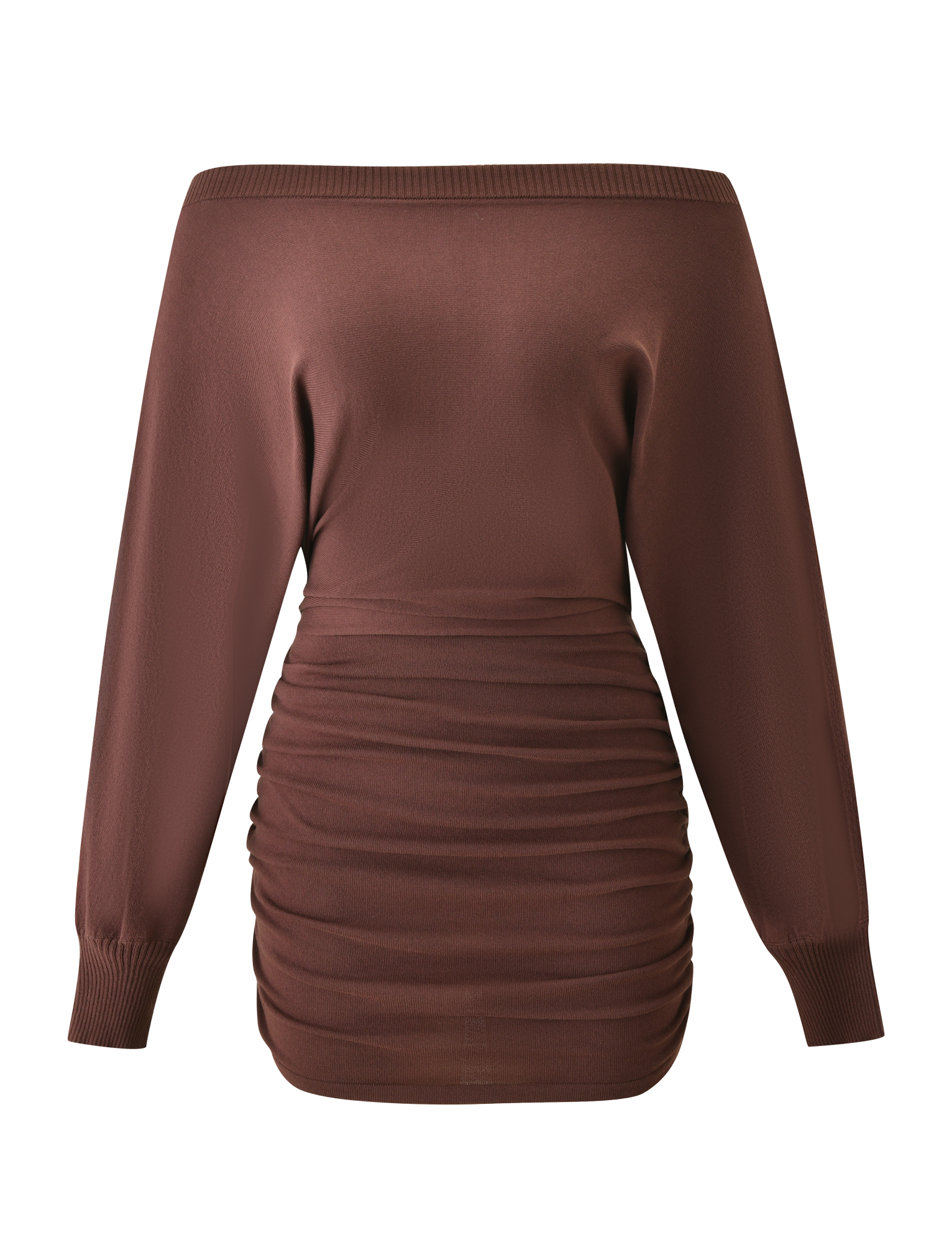 The TIGERMIST JANINE MINI DRESS in chocolate is a brown, off-the-shoulder bodycon mini dress with long sleeves, a ruched waist, and ribbed cuffs, shown on a plain white background.