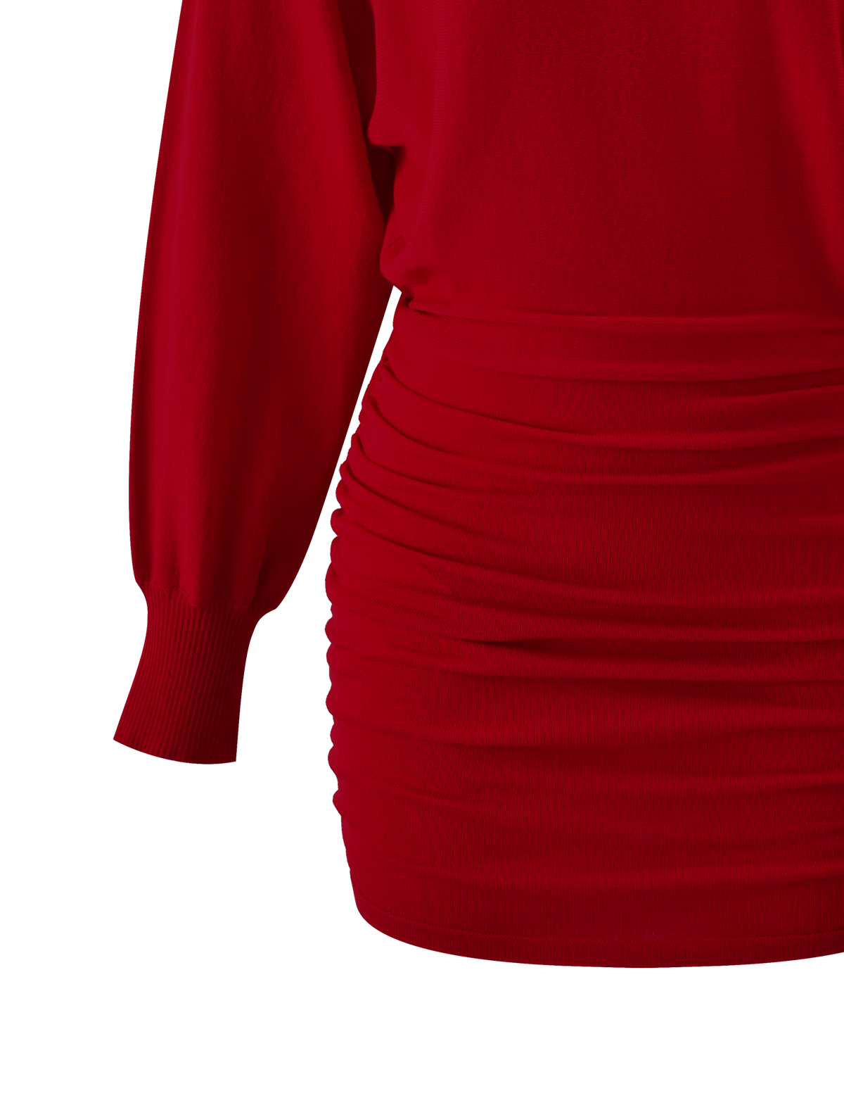 A close-up of the TIGERMIST JANINE MINI DRESS - RED showcases its ruched bodycon mini skirt and one cuffed sleeve, set against a plain white background.
