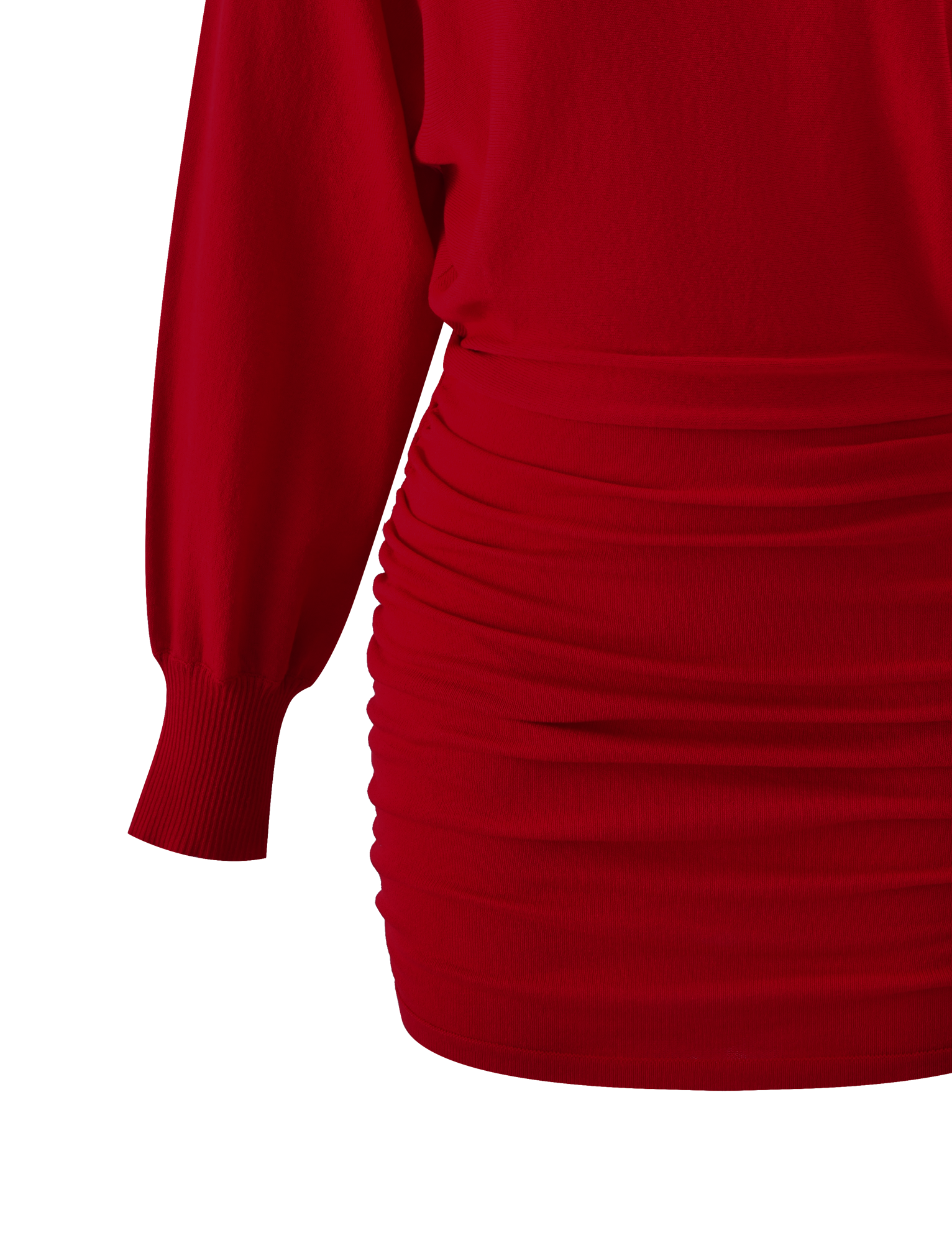 A close-up of the TIGERMIST JANINE MINI DRESS - RED showcases its ruched bodycon mini skirt and one cuffed sleeve, set against a plain white background.