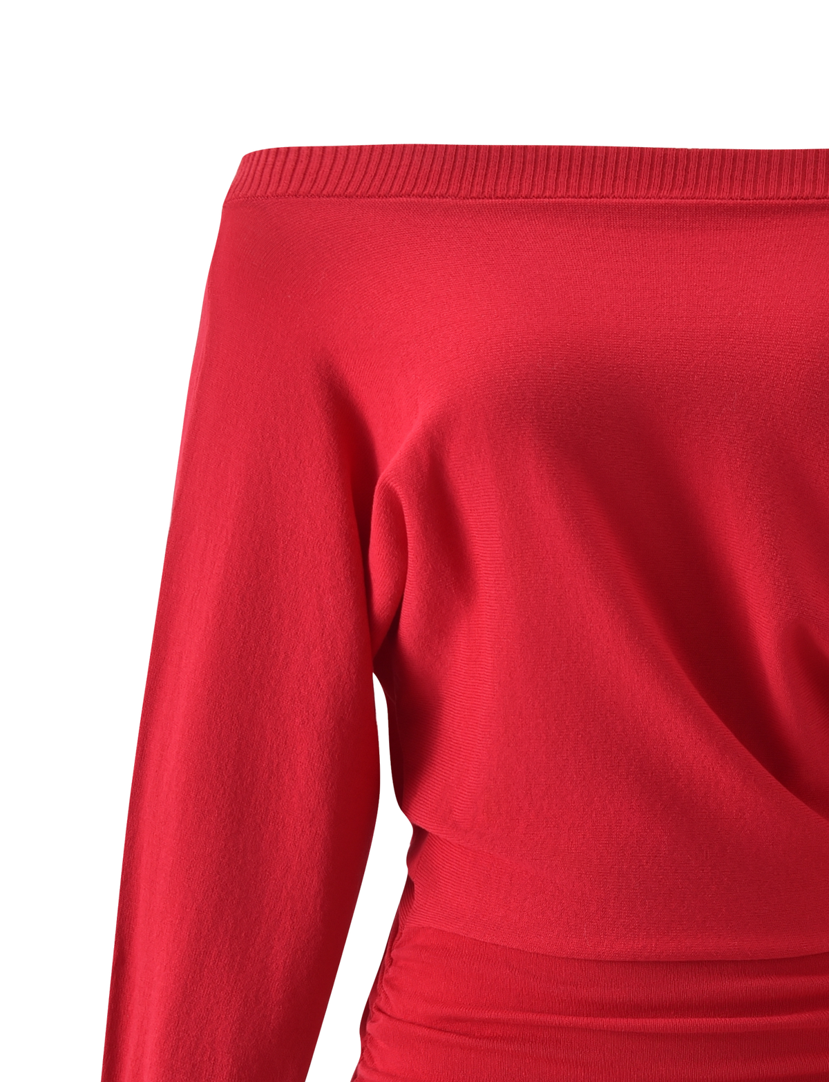A close-up of the TIGERMIST JANINE MINI DRESS in red, featuring an off-the-shoulder style, ribbed neckline, and gathered waist detail, displayed against a plain white background.