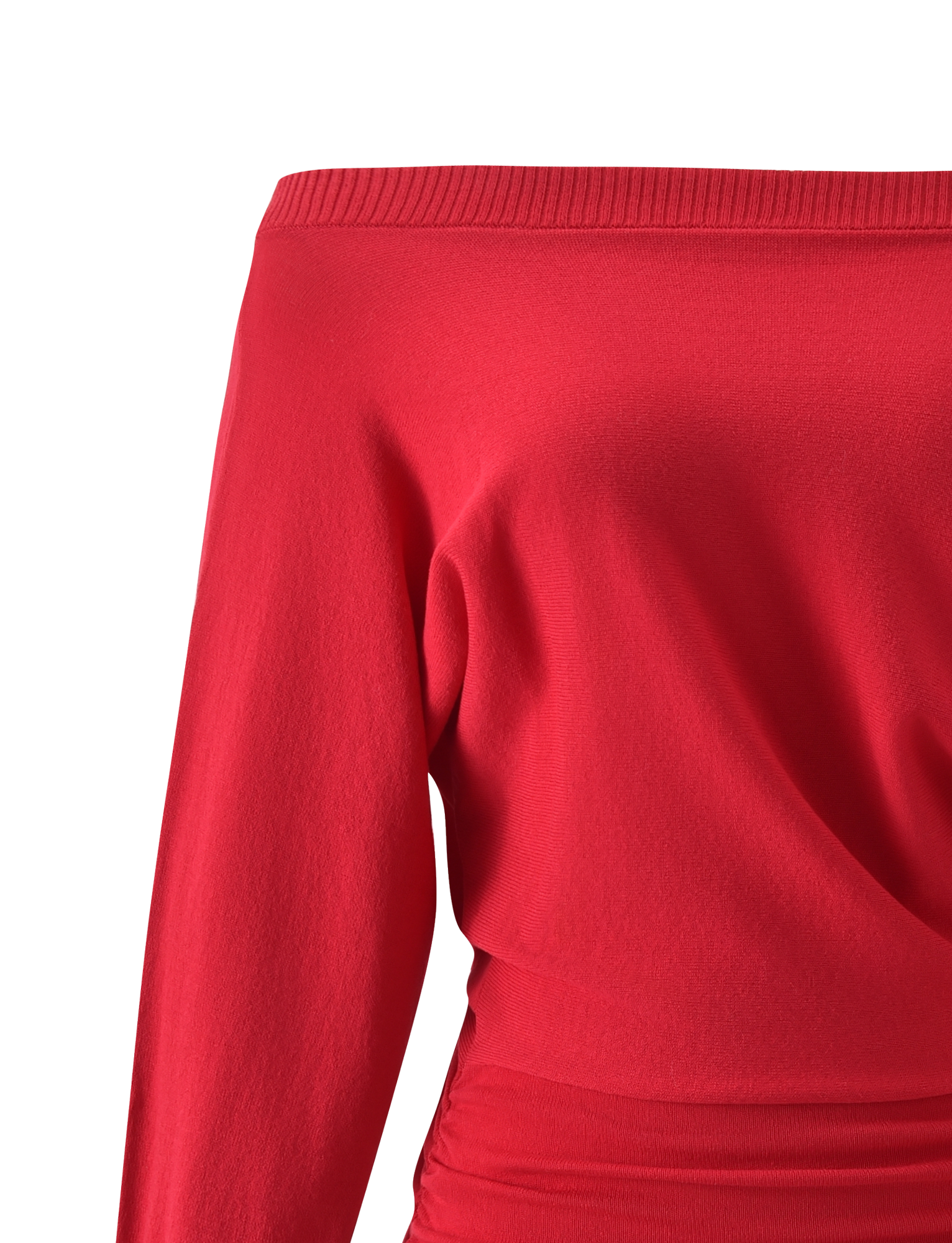 A close-up of the TIGERMIST JANINE MINI DRESS in red, featuring an off-the-shoulder style, ribbed neckline, and gathered waist detail, displayed against a plain white background.