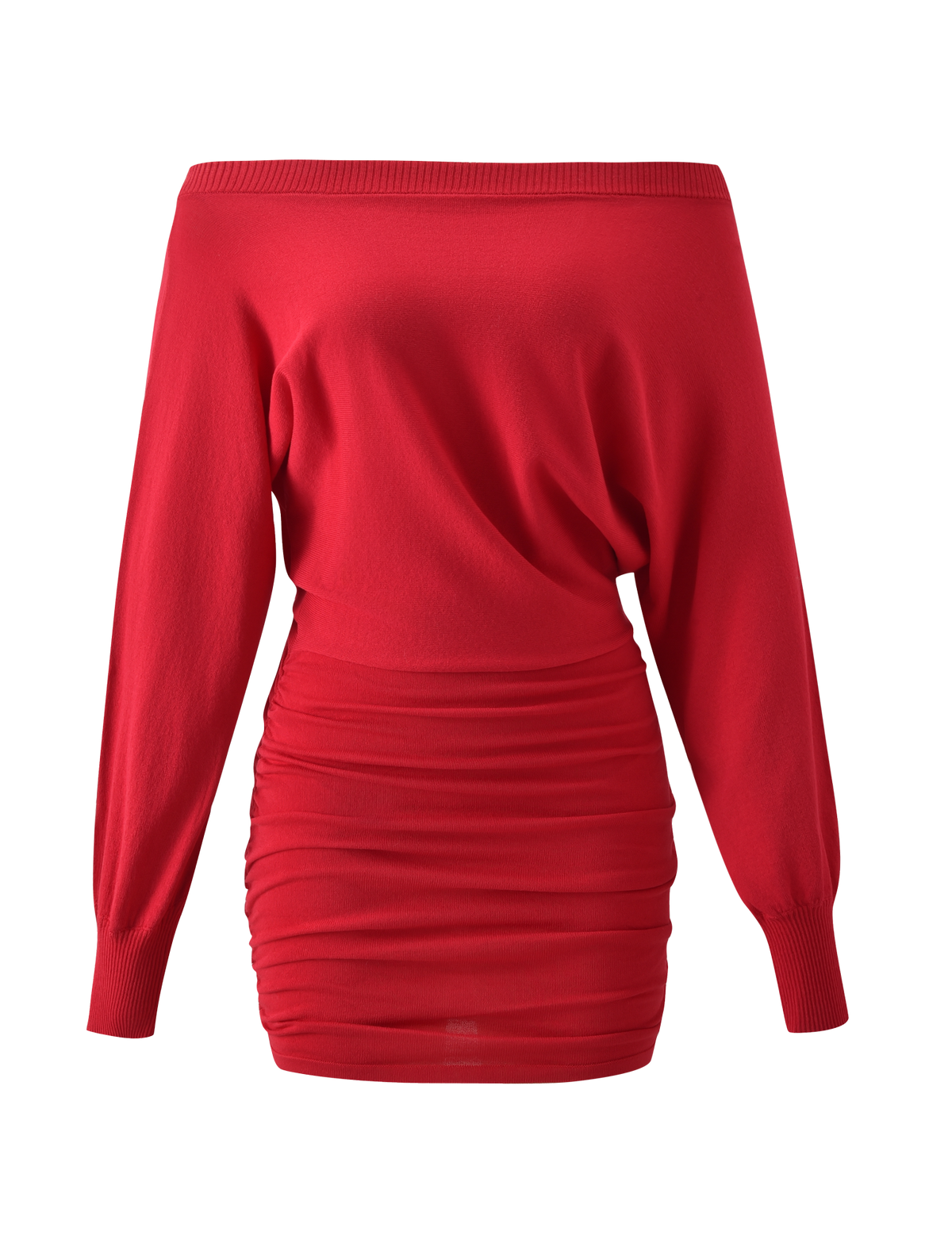 The TIGERMIST JANINE MINI DRESS in red features an off-shoulder design, long sleeves with ribbed cuffs, and a fitted ruched bodycon mini skirt, shown against a plain white background.