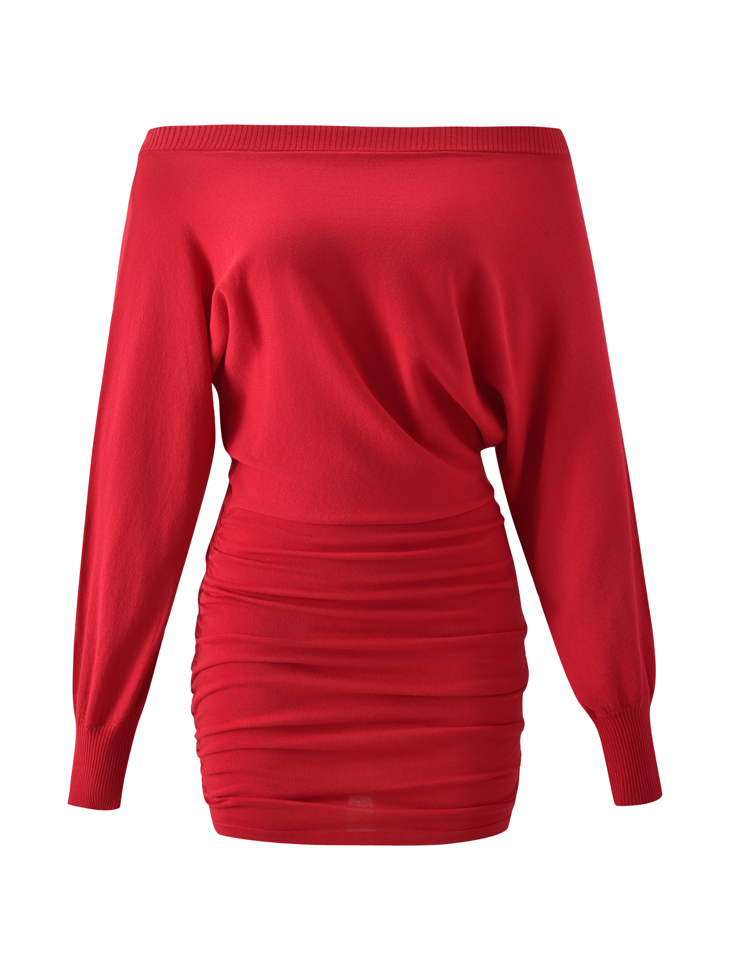The TIGERMIST JANINE MINI DRESS in red features an off-shoulder design, long sleeves with ribbed cuffs, and a fitted ruched bodycon mini skirt, shown against a plain white background.