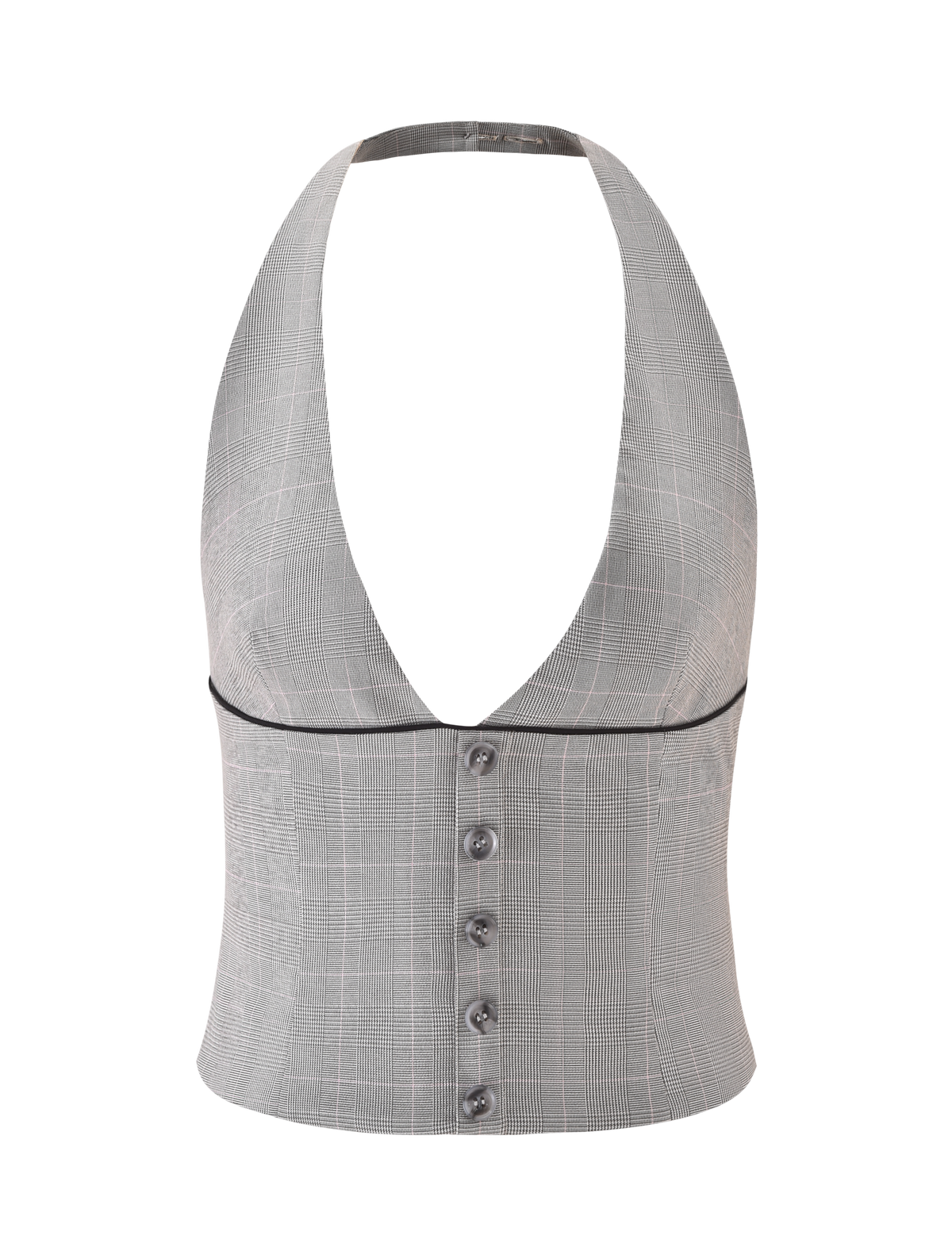 The TERESIA TOP - GREY CHECK by TIGERMIST features a gray check stretch fabric, halter neckline, black piping under the bust, and five tortoiseshell buttons down the front.
