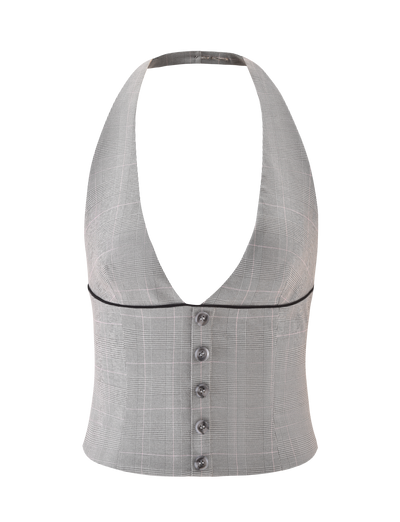The TERESIA TOP - GREY CHECK by TIGERMIST features a gray check stretch fabric, halter neckline, black piping under the bust, and five tortoiseshell buttons down the front.