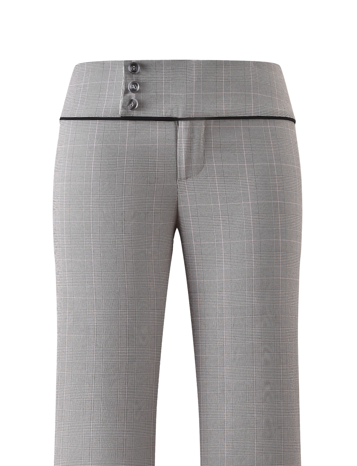 The TERESIA PANT - GREY CHECK by TIGERMIST features a high waist, three buttons, black piped trim at the waistband, and a grey check plaid pattern, displayed against a plain white background.