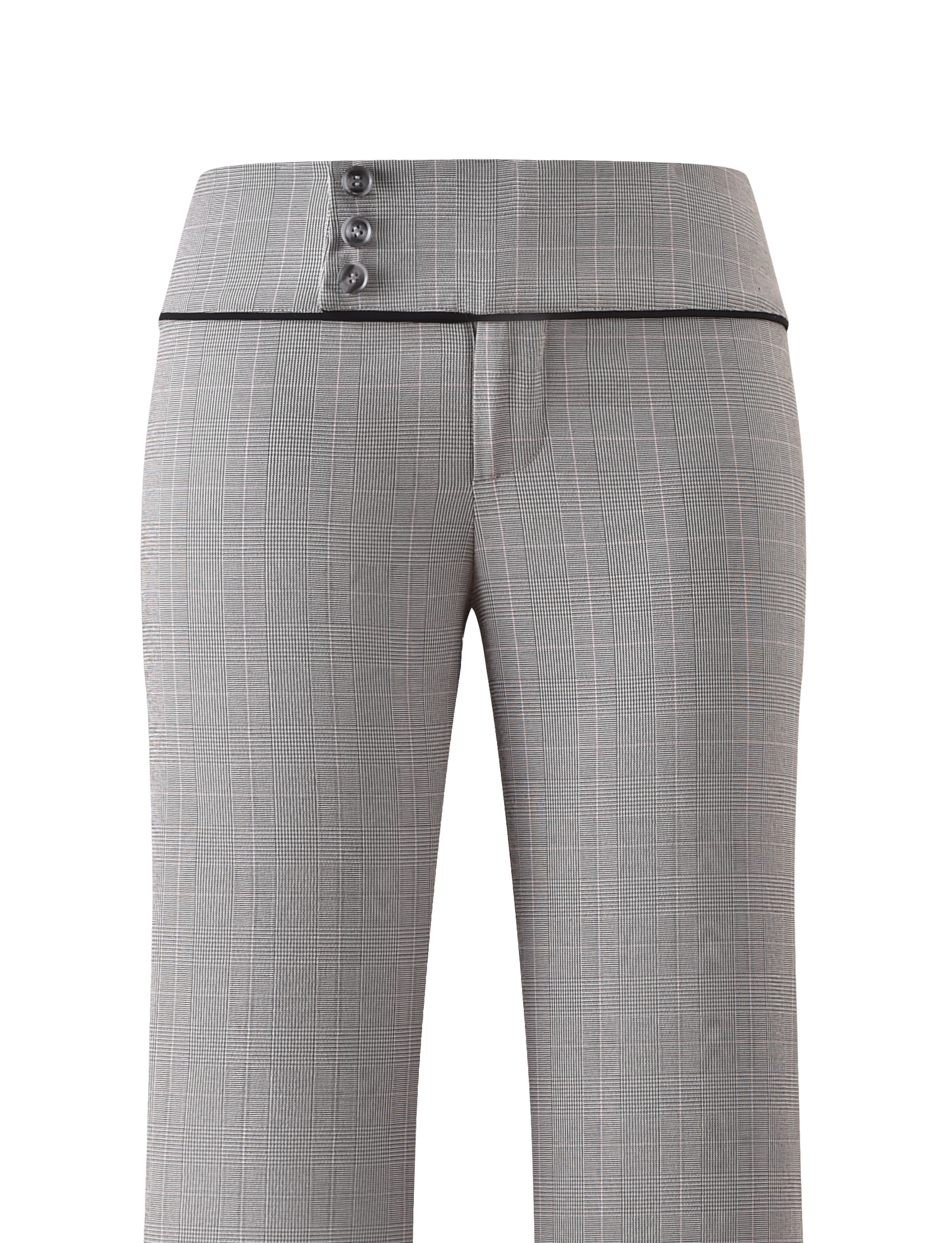 The TERESIA PANT - GREY CHECK by TIGERMIST features a high waist, three buttons, black piped trim at the waistband, and a grey check plaid pattern, displayed against a plain white background.