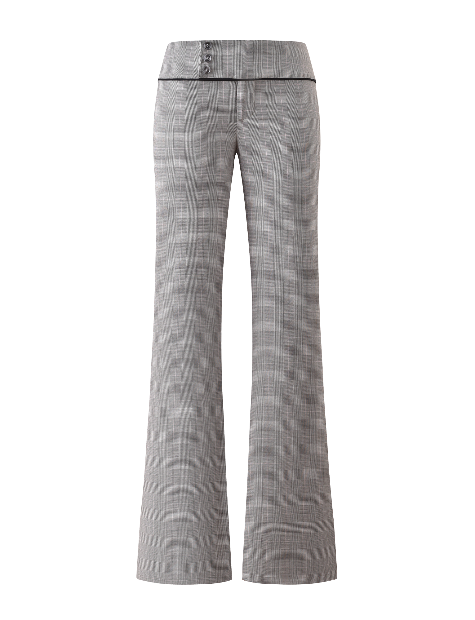 The TERESIA PANT - GREY CHECK by TIGERMIST is a high-waisted, wide leg suiting pant featuring three side buttons on the waistband and a black trim for a tailored look.