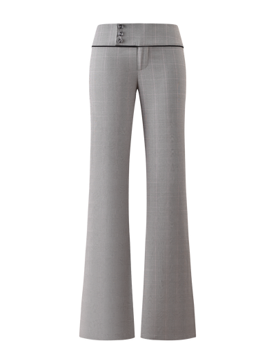 The TERESIA PANT - GREY CHECK by TIGERMIST is a high-waisted, wide leg suiting pant featuring three side buttons on the waistband and a black trim for a tailored look.