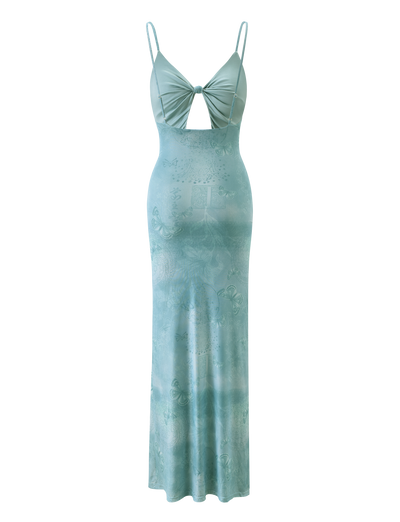 The TIGERMIST GARNET MAXI DRESS in teal butterfly paisley is a sleeveless maxi with adjustable spaghetti straps, a front keyhole cutout, and an allover butterfly paisley print.