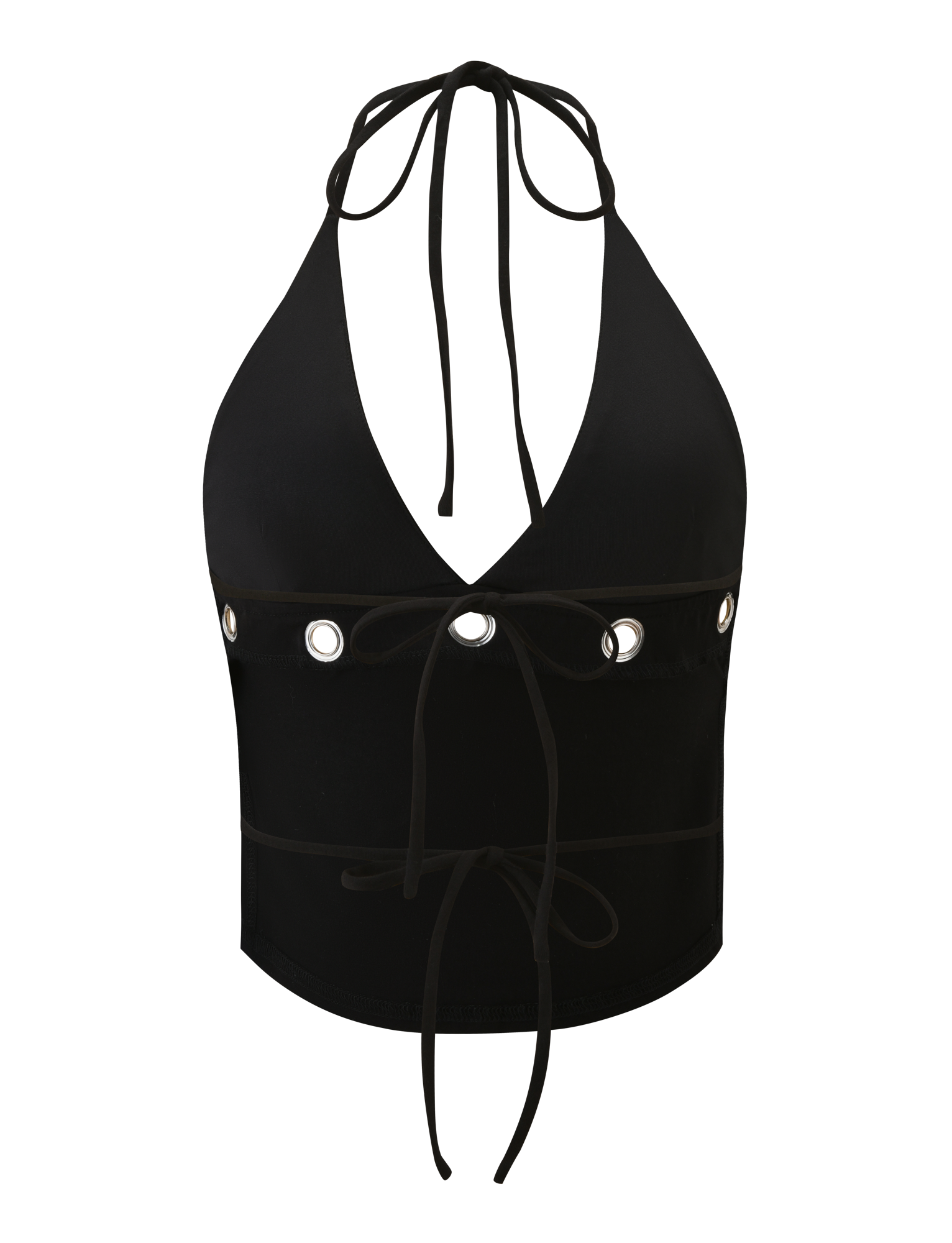 The MARREN TOP - BLACK by TIGERMIST features a black halter neck, deep V-neckline, grommet eyelet accents, front lace-up ties, and a fitted, backless silhouette for a bold edge.