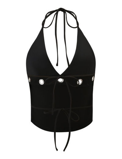 The MARREN TOP - BLACK by TIGERMIST features a black halter neck, deep V-neckline, grommet eyelet accents, front lace-up ties, and a fitted, backless silhouette for a bold edge.