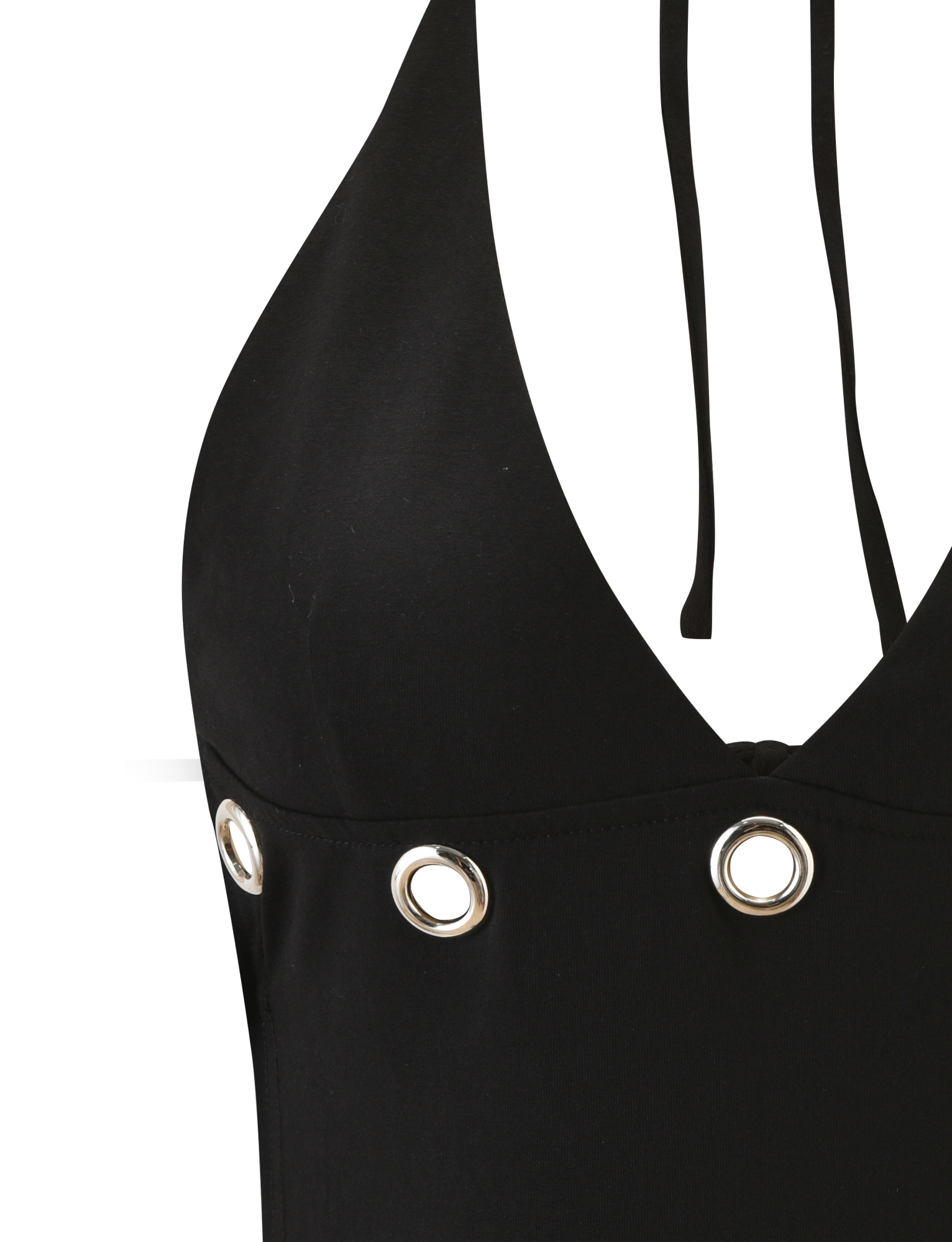 Close-up of the TIGERMIST MARREN TOP - BLACK, a chic backless halter neck top featuring silver eyelets along the chest and two thin black straps, displayed against a white background.