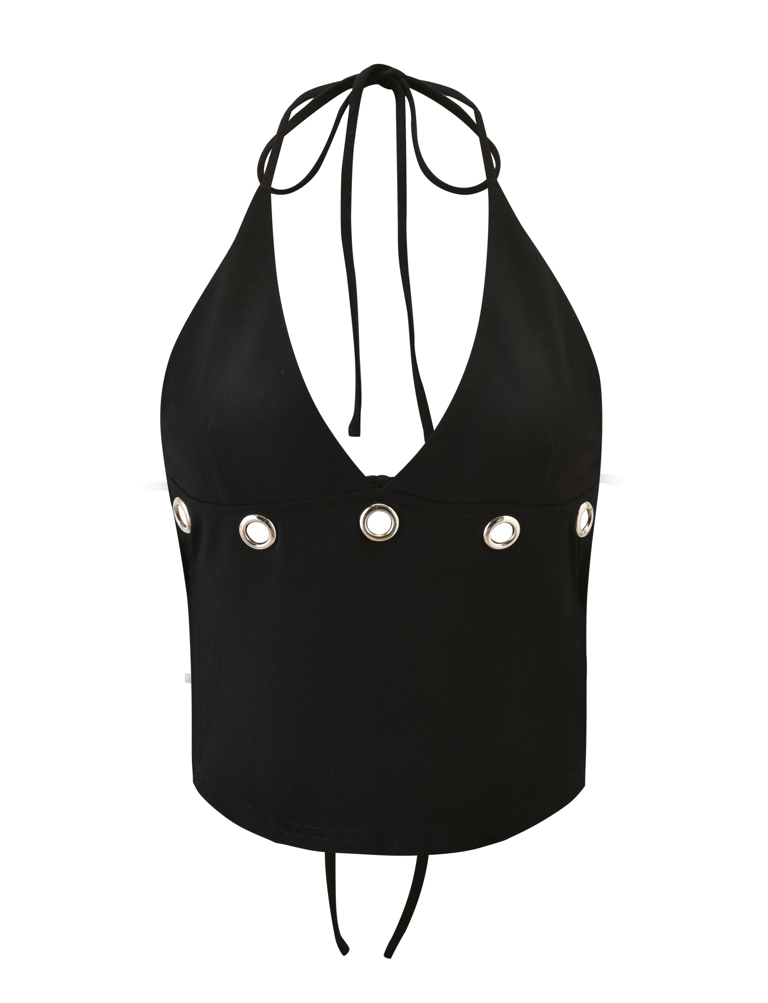 The MARREN TOP - BLACK by TIGERMIST features a halter neck, deep V-neckline, silver grommet detailing on the front, and tie closures at the neck and lower back for a chic, backless style.