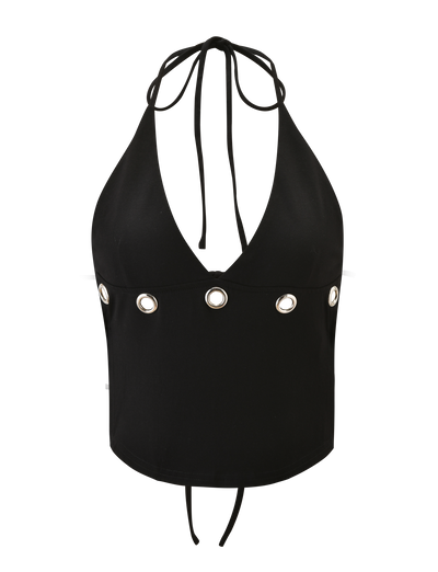 The MARREN TOP - BLACK by TIGERMIST features a halter neck, deep V-neckline, silver grommet detailing on the front, and tie closures at the neck and lower back for a chic, backless style.