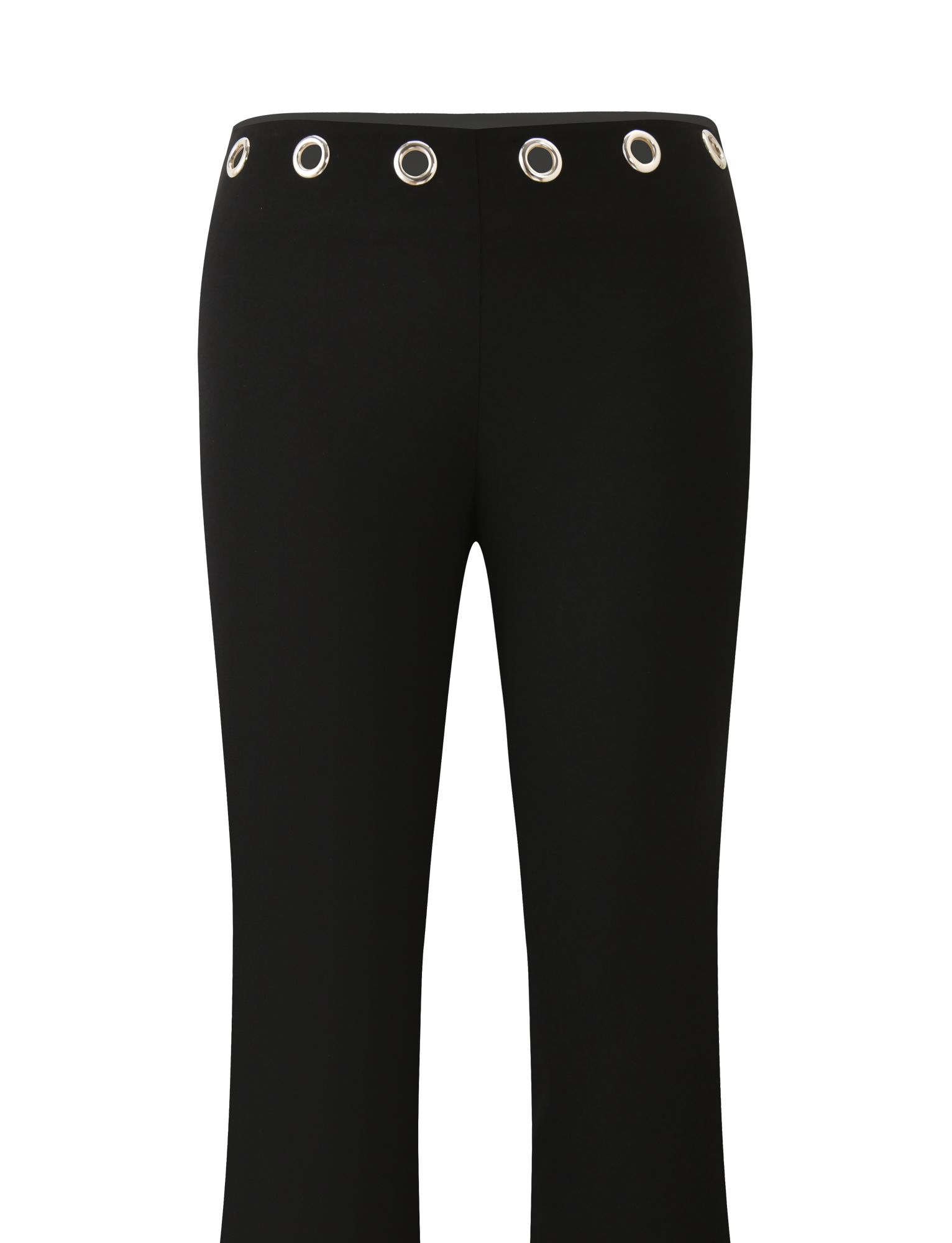 The TIGERMIST MARREN PANT - BLACK features a straight fit, low-rise waist, and bold silver grommets evenly spaced around the waistband. Shown against a plain white background.