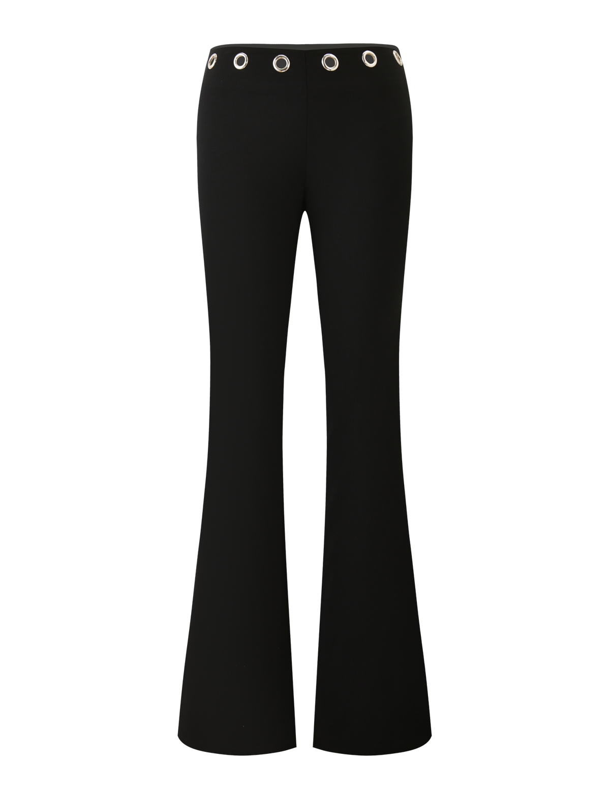 The MARREN PANT - BLACK by TIGERMIST features a low-rise waist and silver grommet details around the waistband, displayed against a white background.