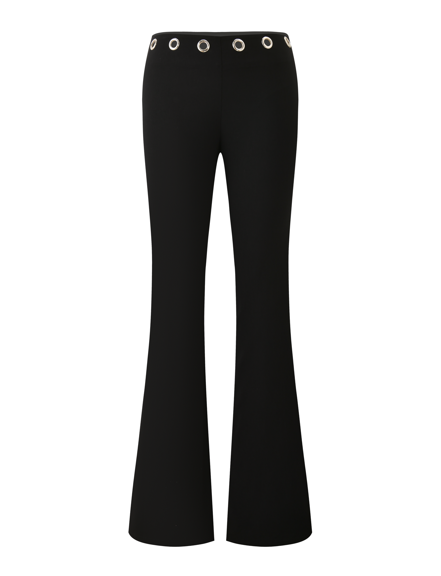The MARREN PANT - BLACK by TIGERMIST features a low-rise waist and silver grommet details around the waistband, displayed against a white background.